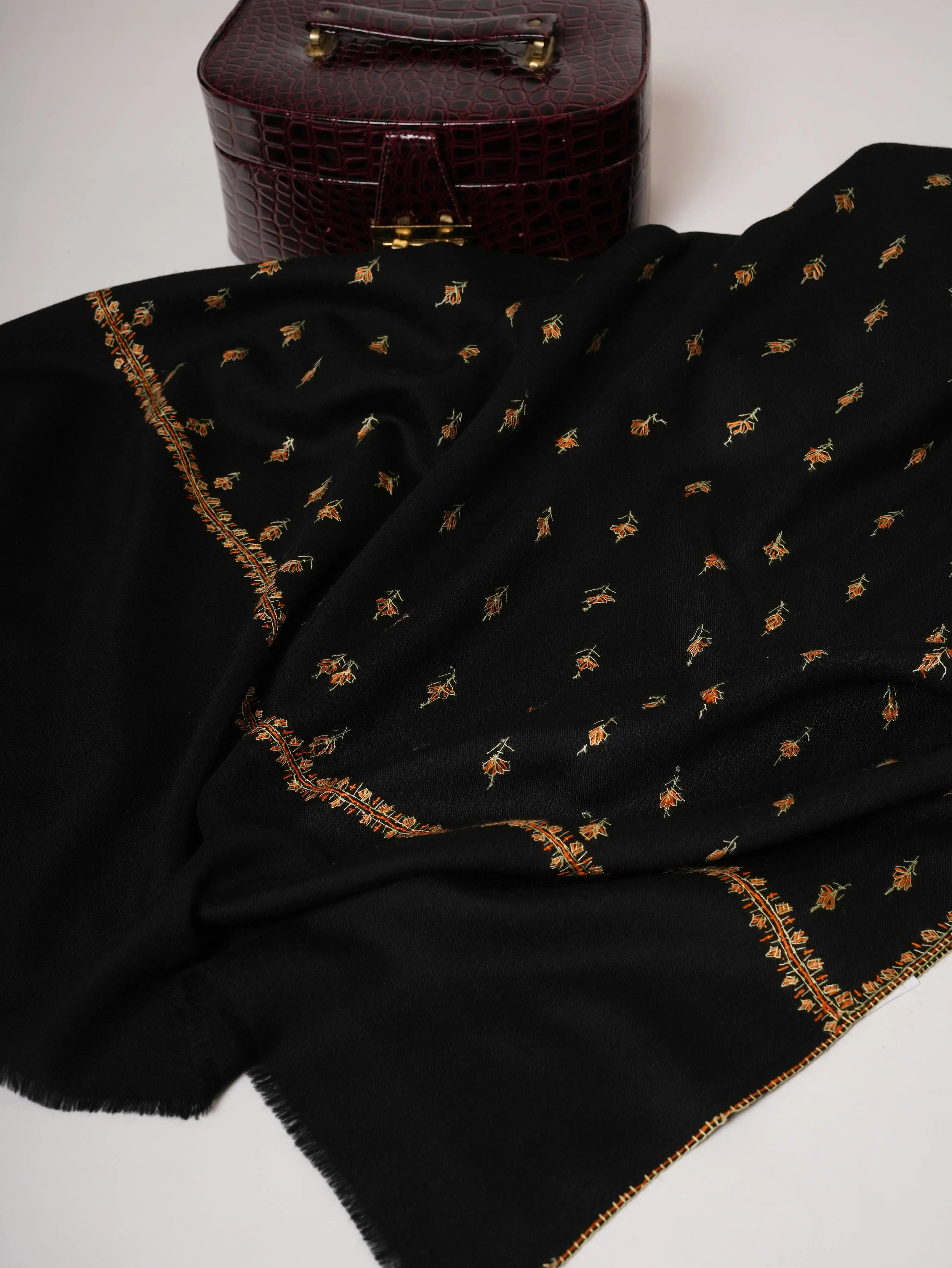Black Fine Wool Machie Booti Hand Embroidered Shawl Shahkaar