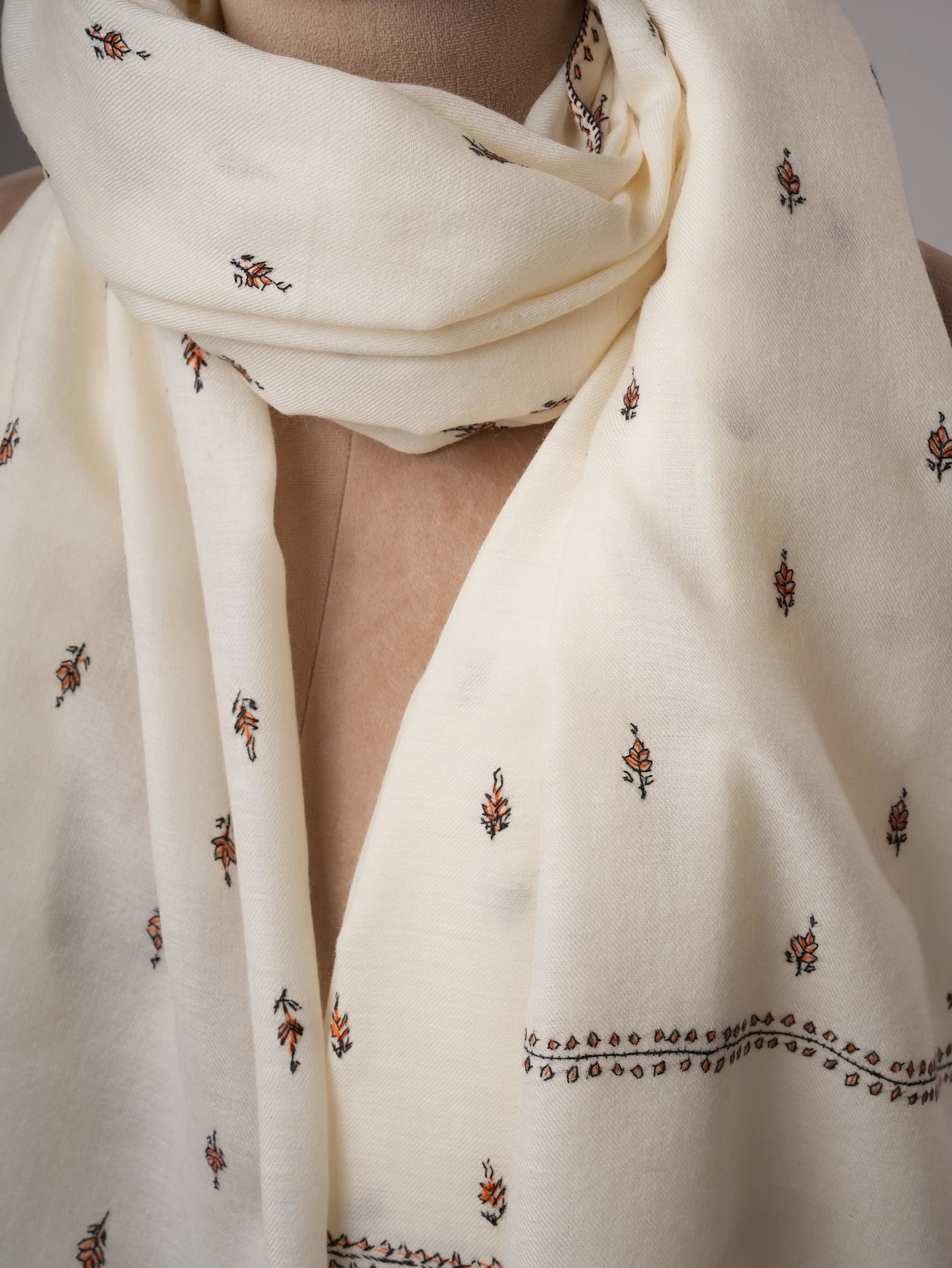 Soft White Fine Wool Shawl Featuring Intricate Mache Booti Embroidery Shahkaar