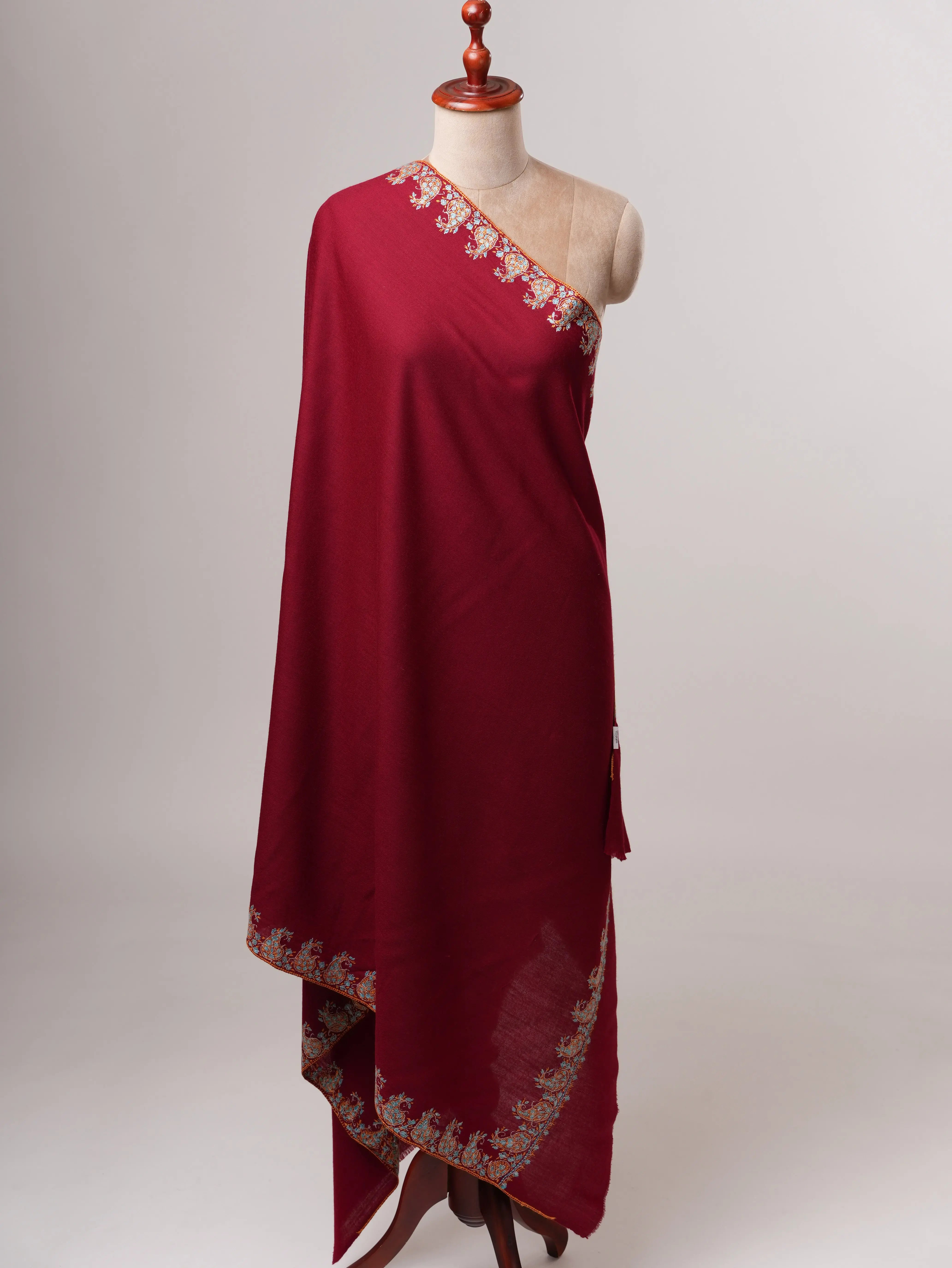 Hand Embroidered Fine Wool Shawl with Paisley Neemdaur Motif Shahkaar