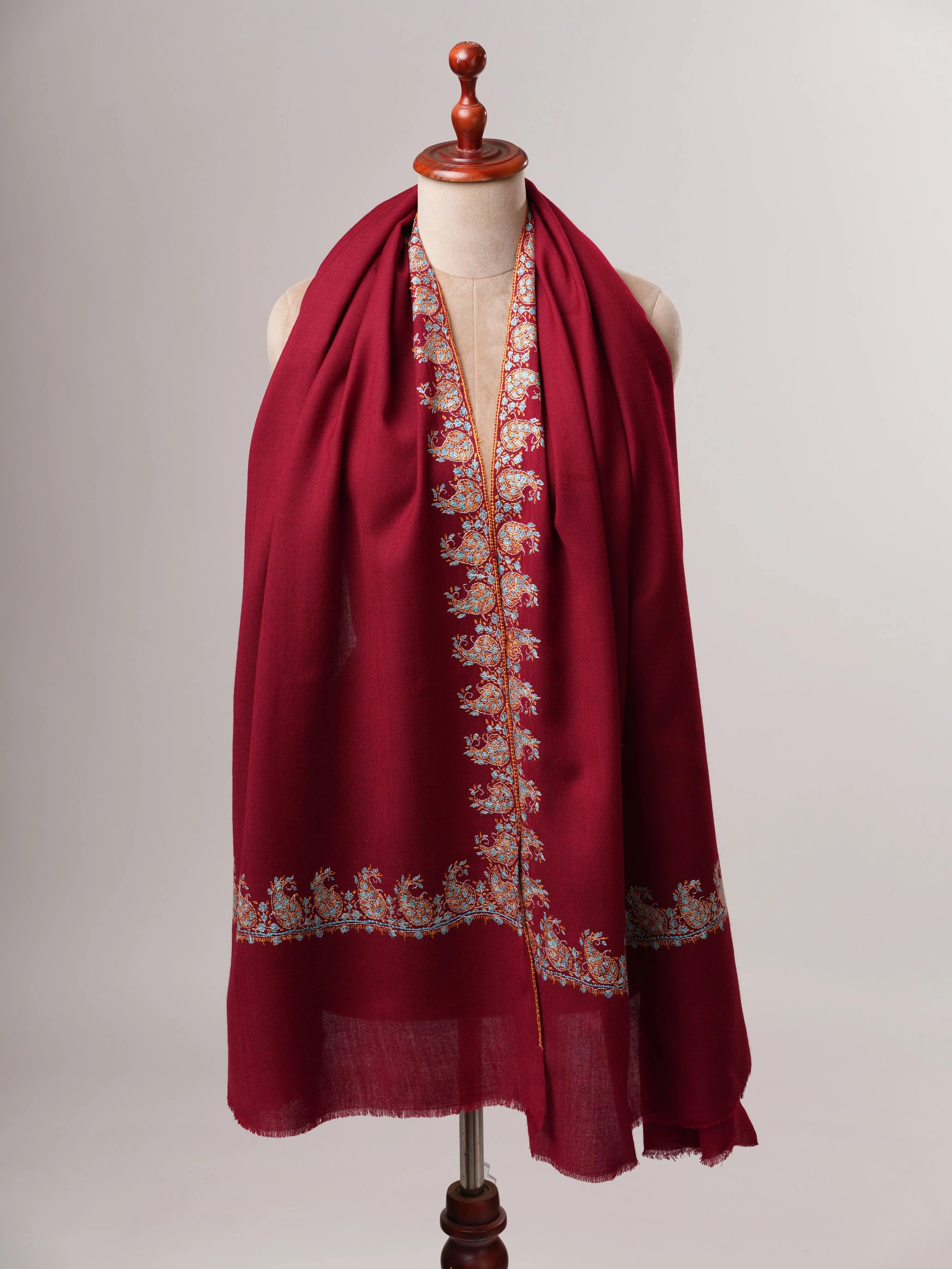Hand Embroidered Fine Wool Shawl with Paisley Neemdaur Motif Shahkaar