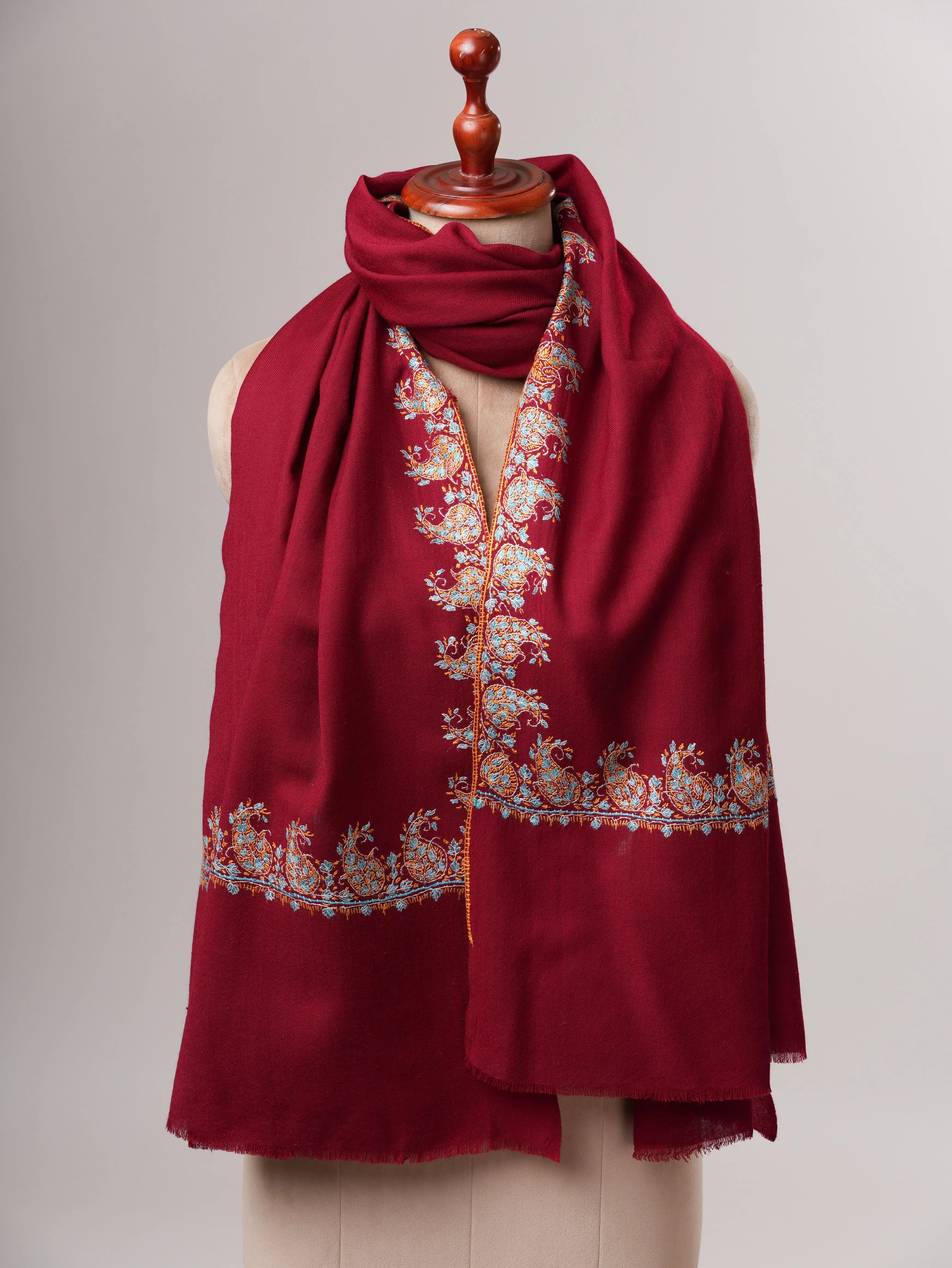 Hand Embroidered Fine Wool Shawl with Paisley Neemdaur Motif Shahkaar