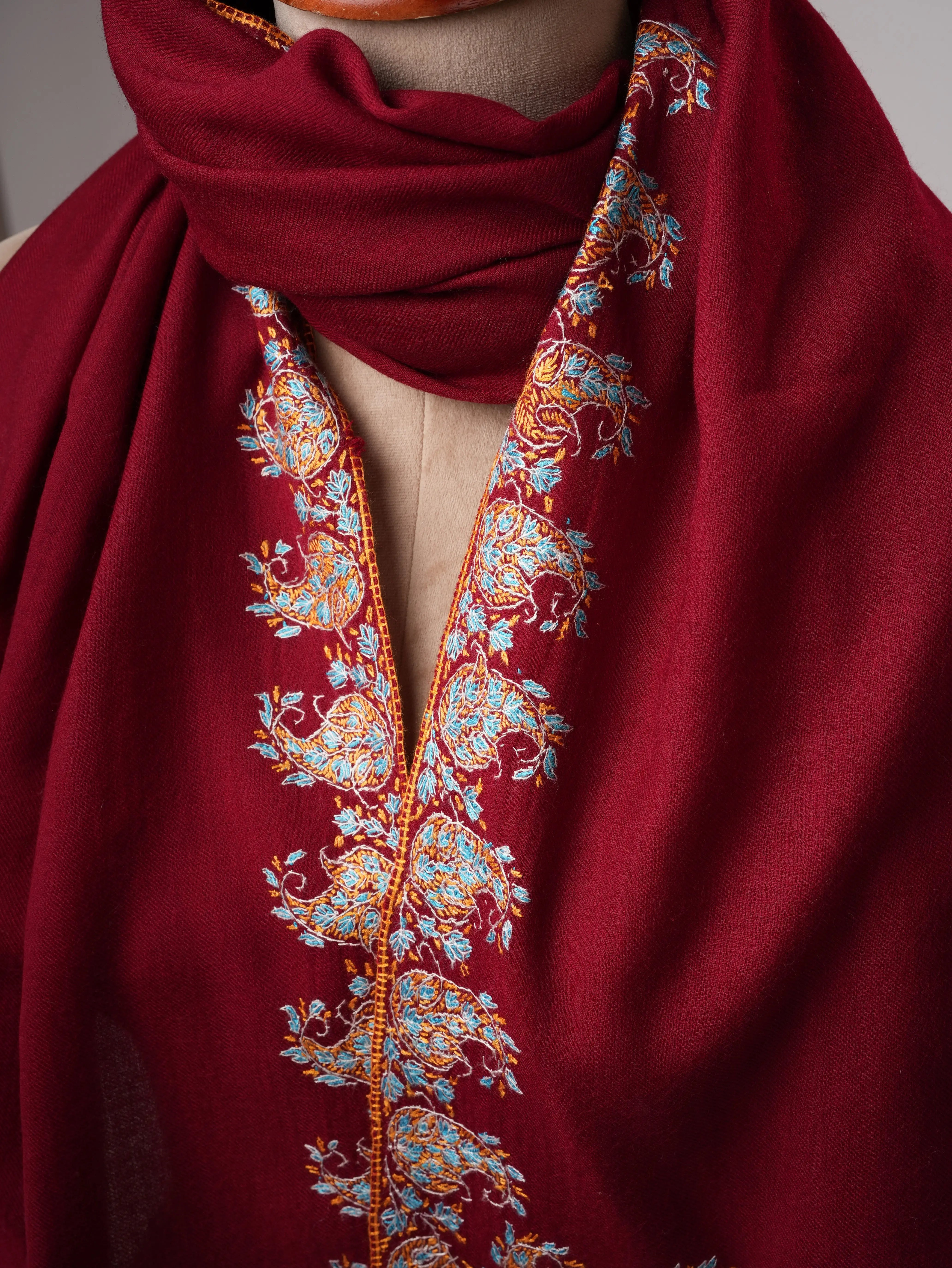 Hand Embroidered Fine Wool Shawl with Paisley Neemdaur Motif Shahkaar