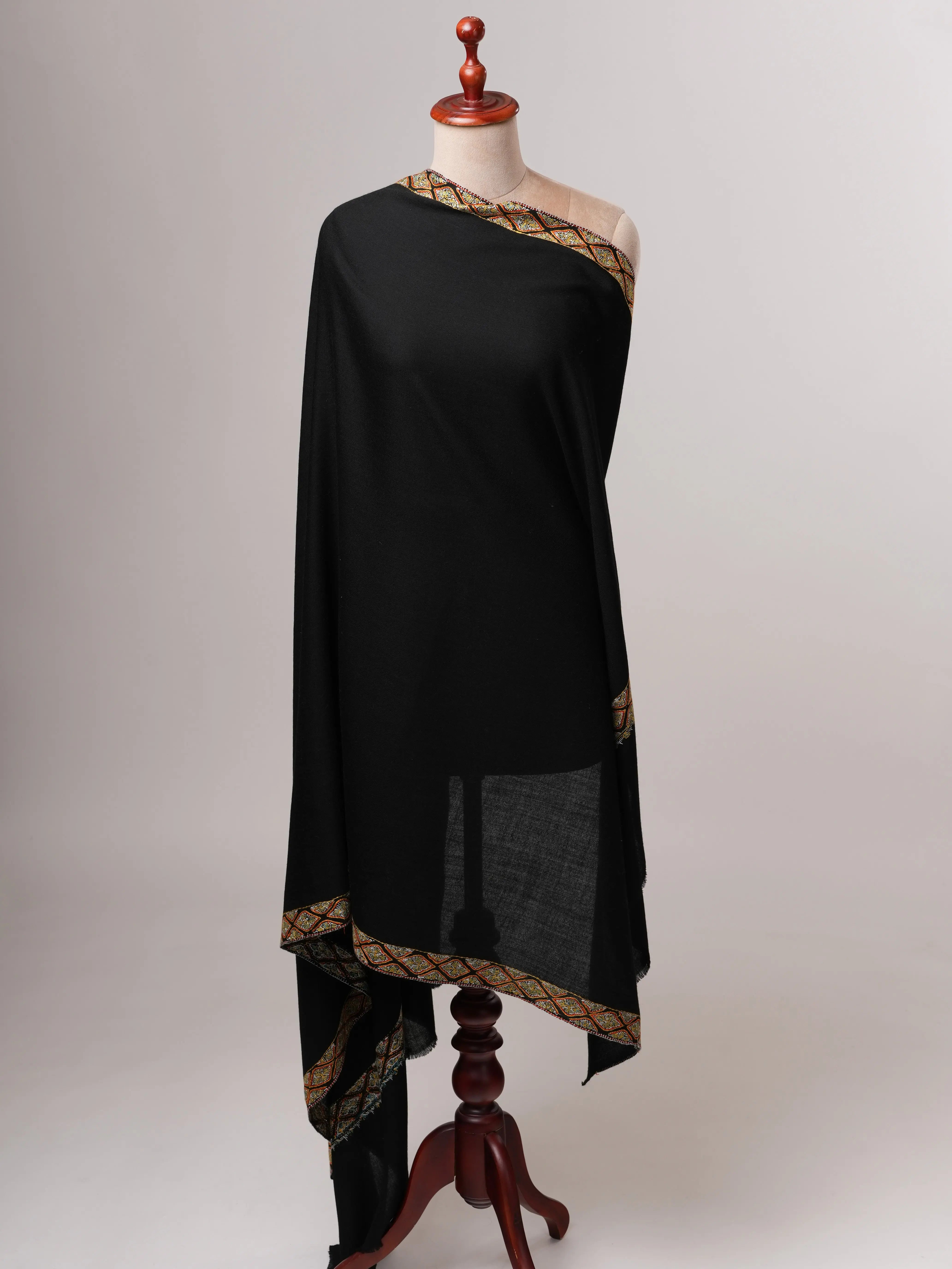 Classic Black Neemdaur Motif Hand Embroidered Fine Wool Shawl Shahkaar