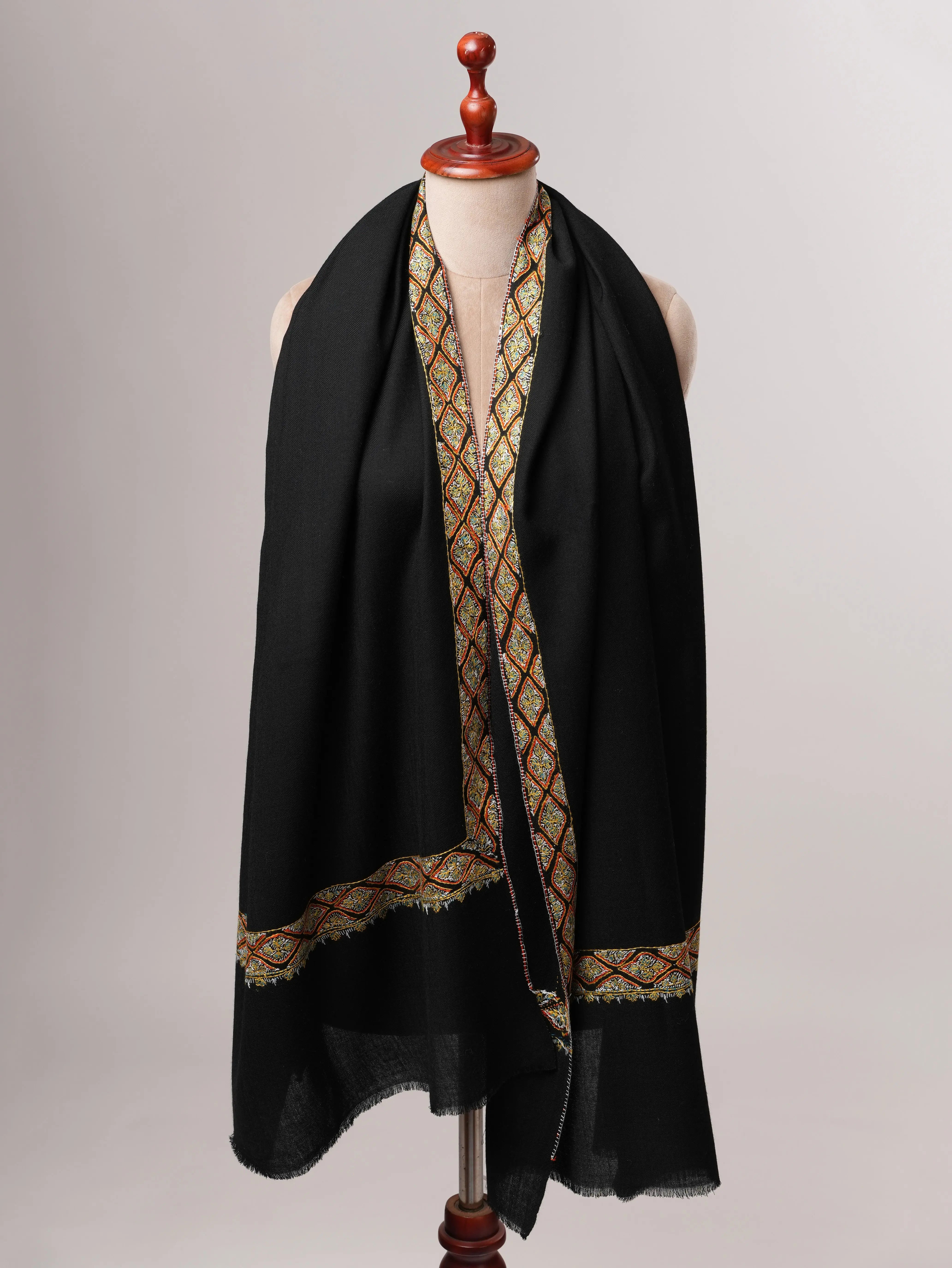 Classic Black Neemdaur Motif Hand Embroidered Fine Wool Shawl Shahkaar