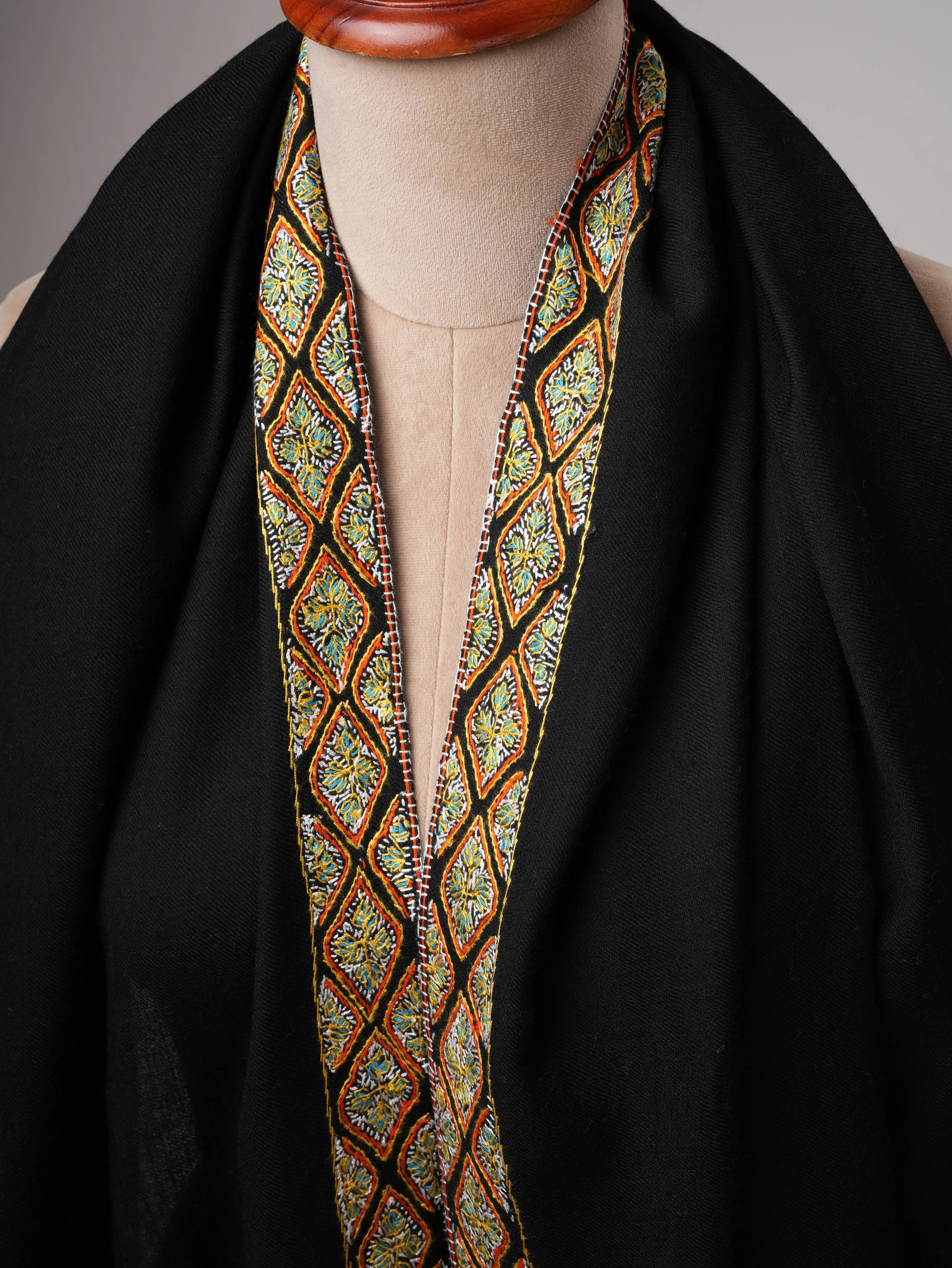 Classic Black Neemdaur Motif Hand Embroidered Fine Wool Shawl Shahkaar