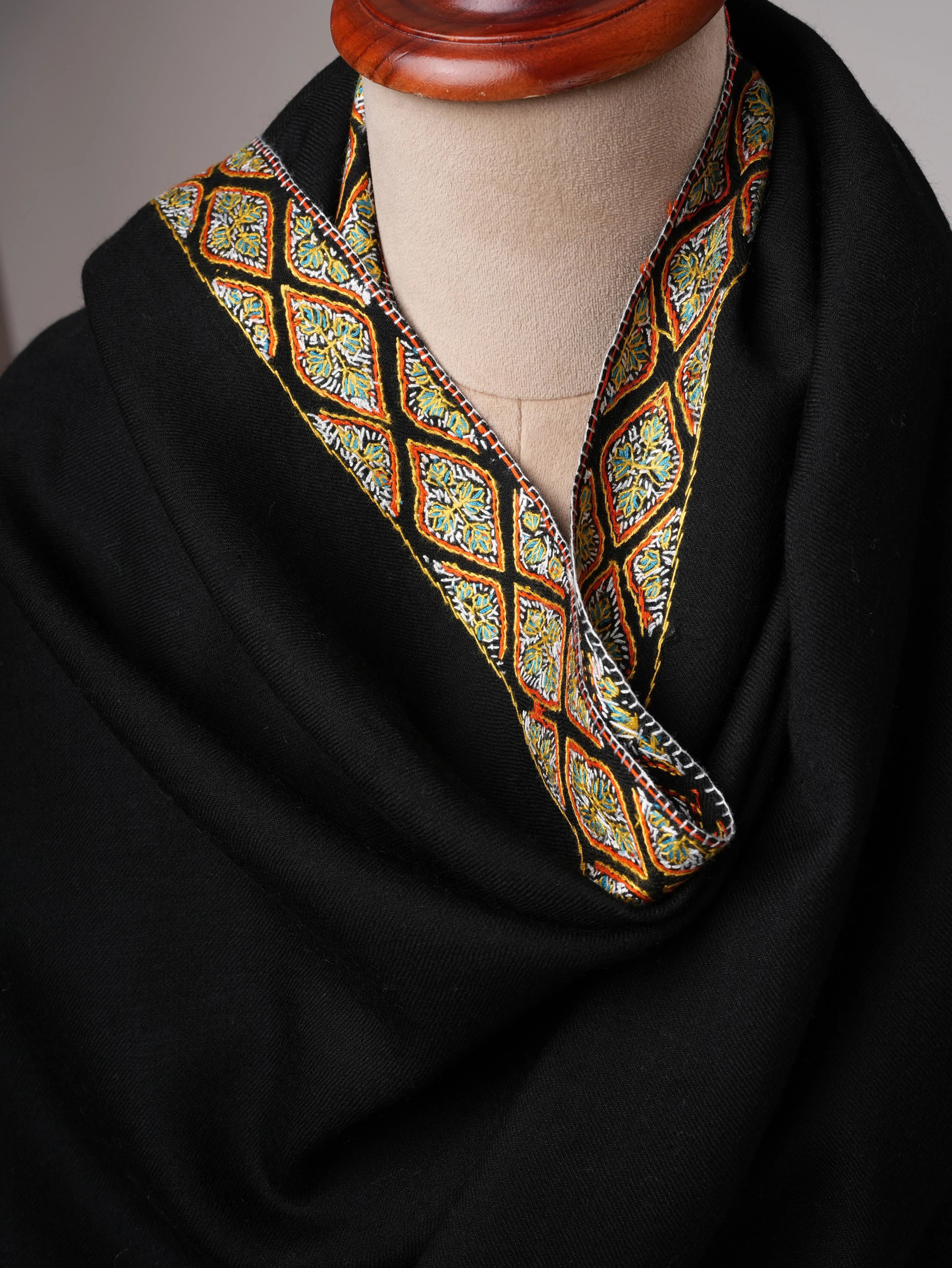 Classic Black Neemdaur Motif Hand Embroidered Fine Wool Shawl Shahkaar