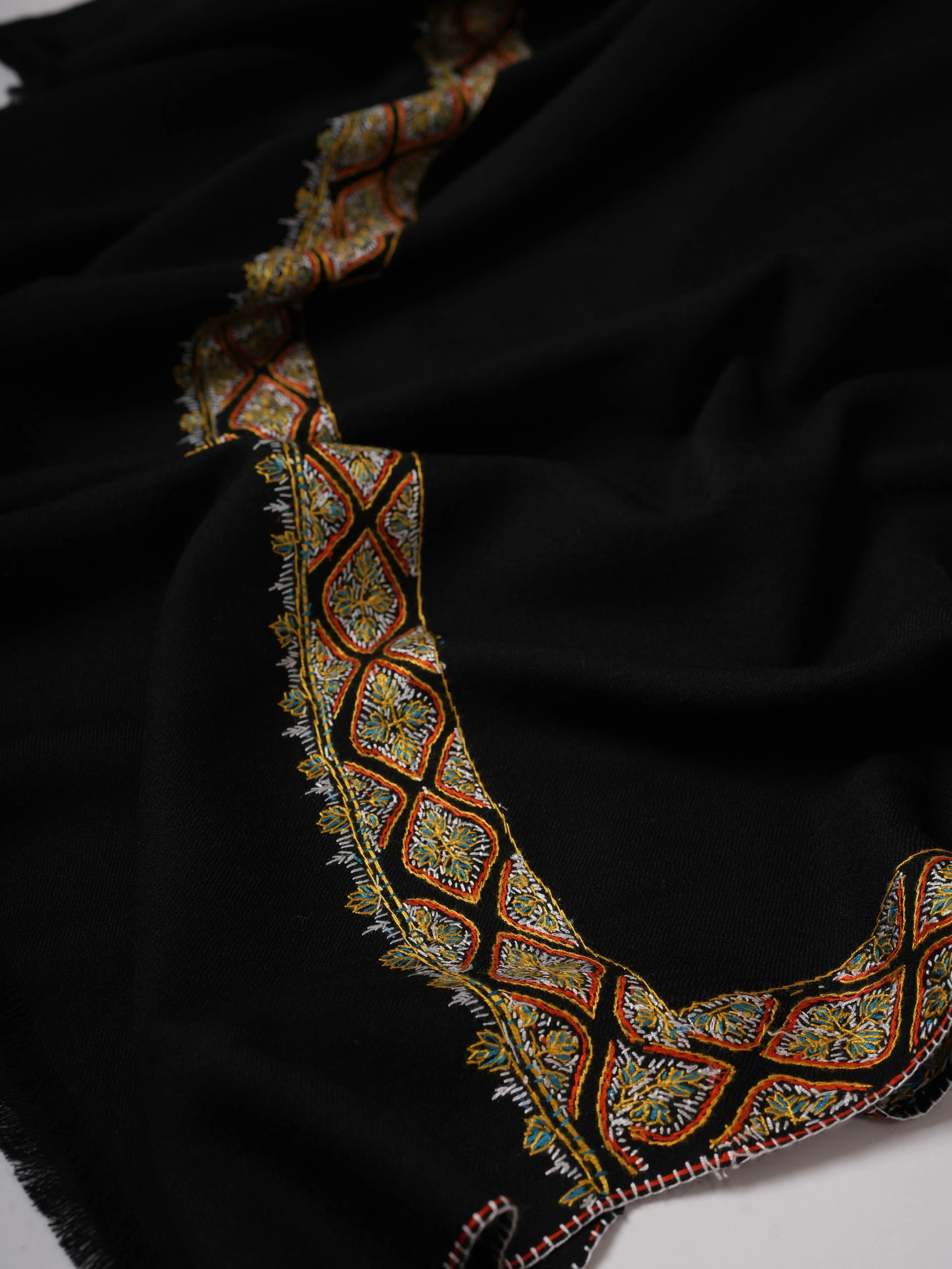 Classic Black Neemdaur Motif Hand Embroidered Fine Wool Shawl Shahkaar