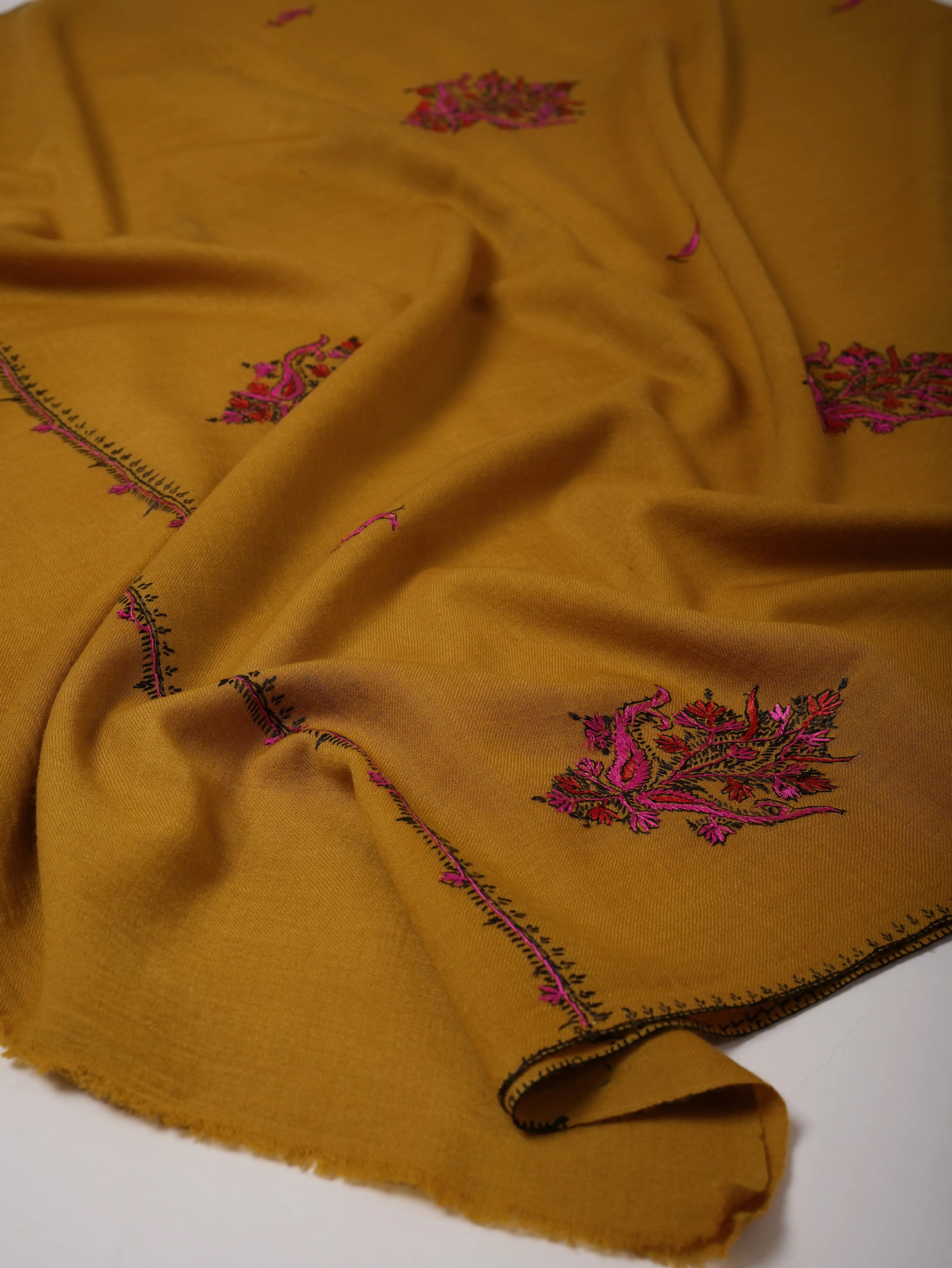 Fine Wool Shawl with Hand-Embroidered Aksi Buteh Motifs Shahkaar