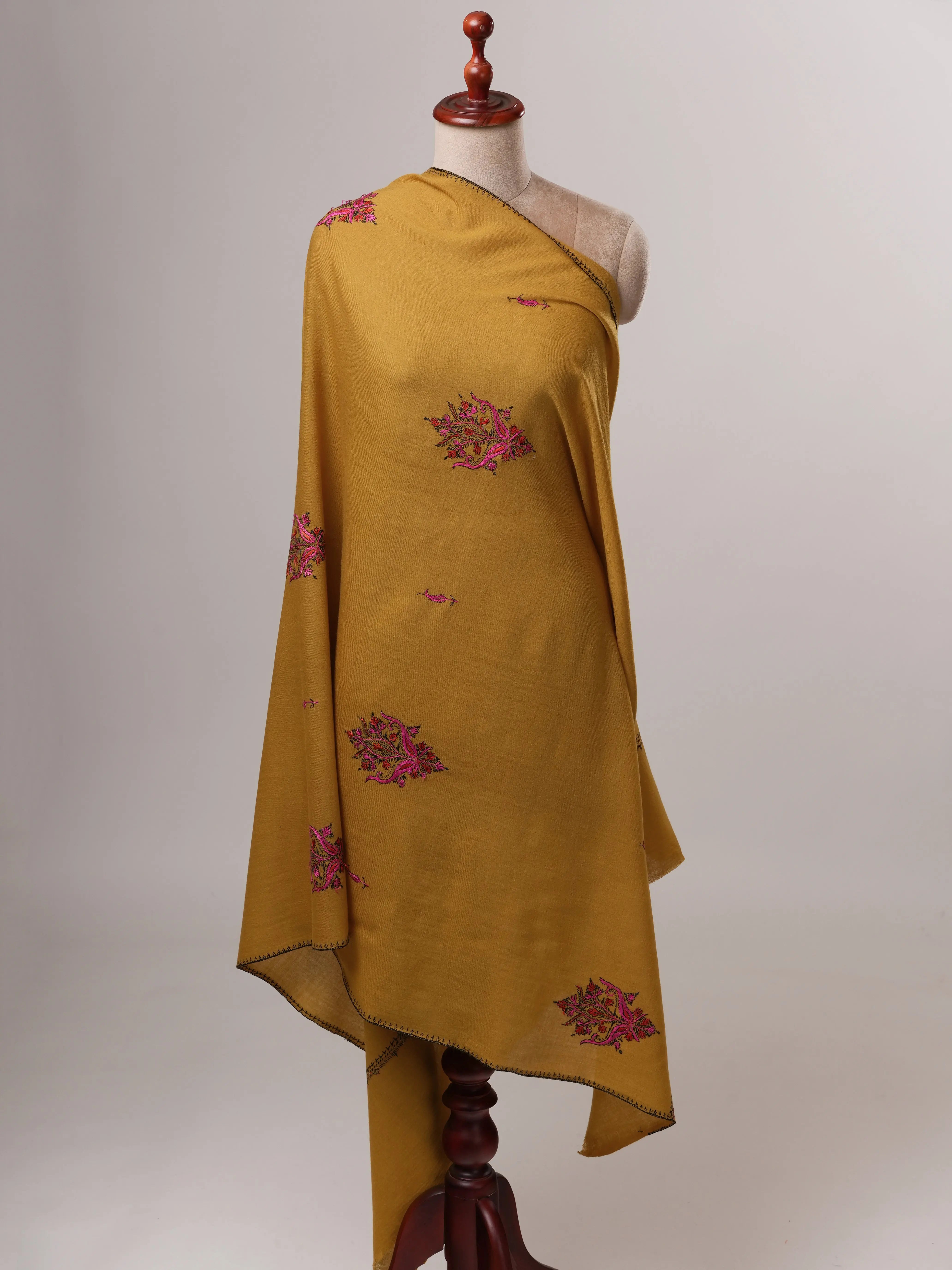 Fine Wool Shawl with Hand-Embroidered Aksi Buteh Motifs Shahkaar