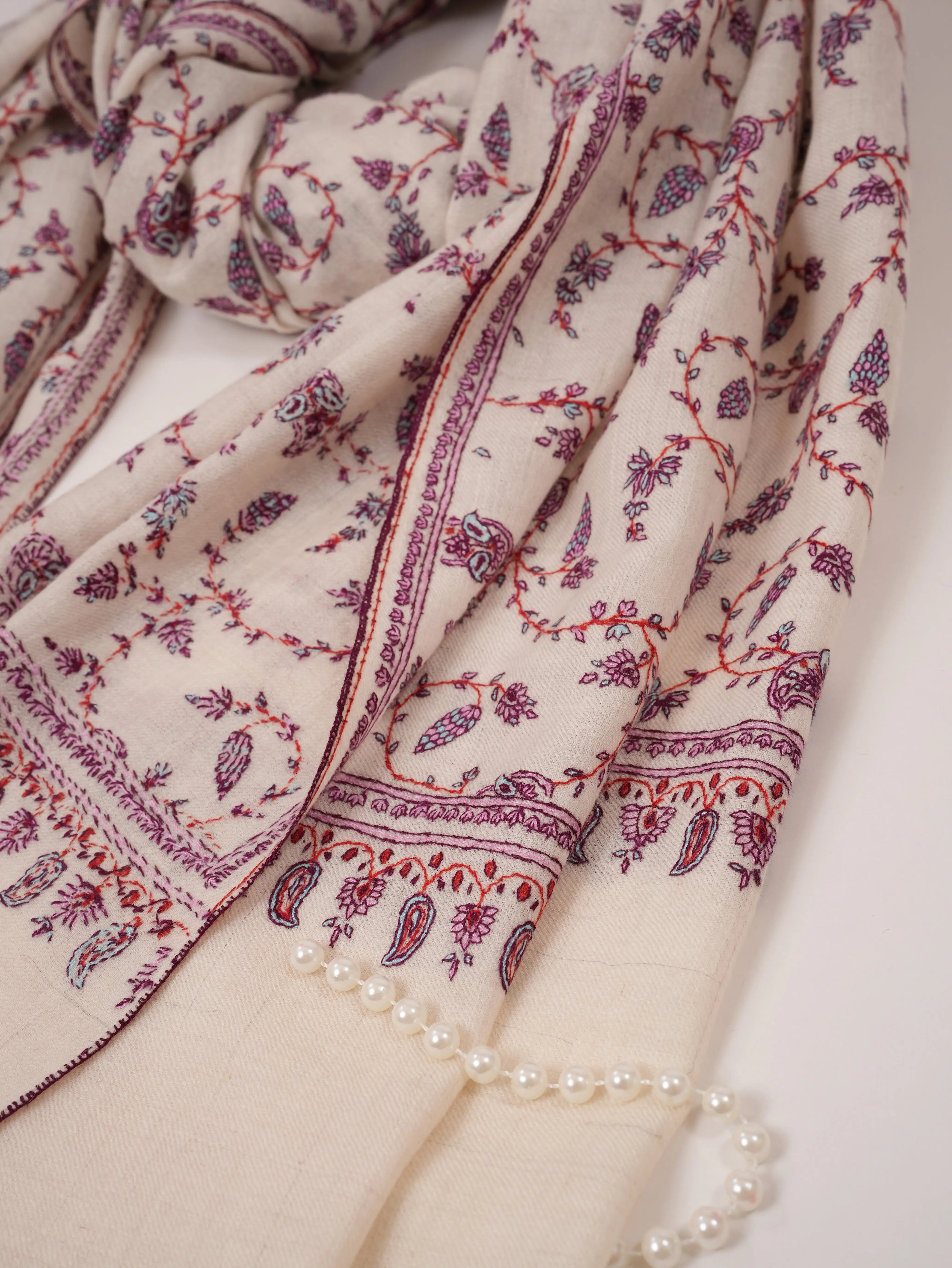 Natural White Pure Pashmina Hand Embroidered Floral Shawl Shahkaar.com