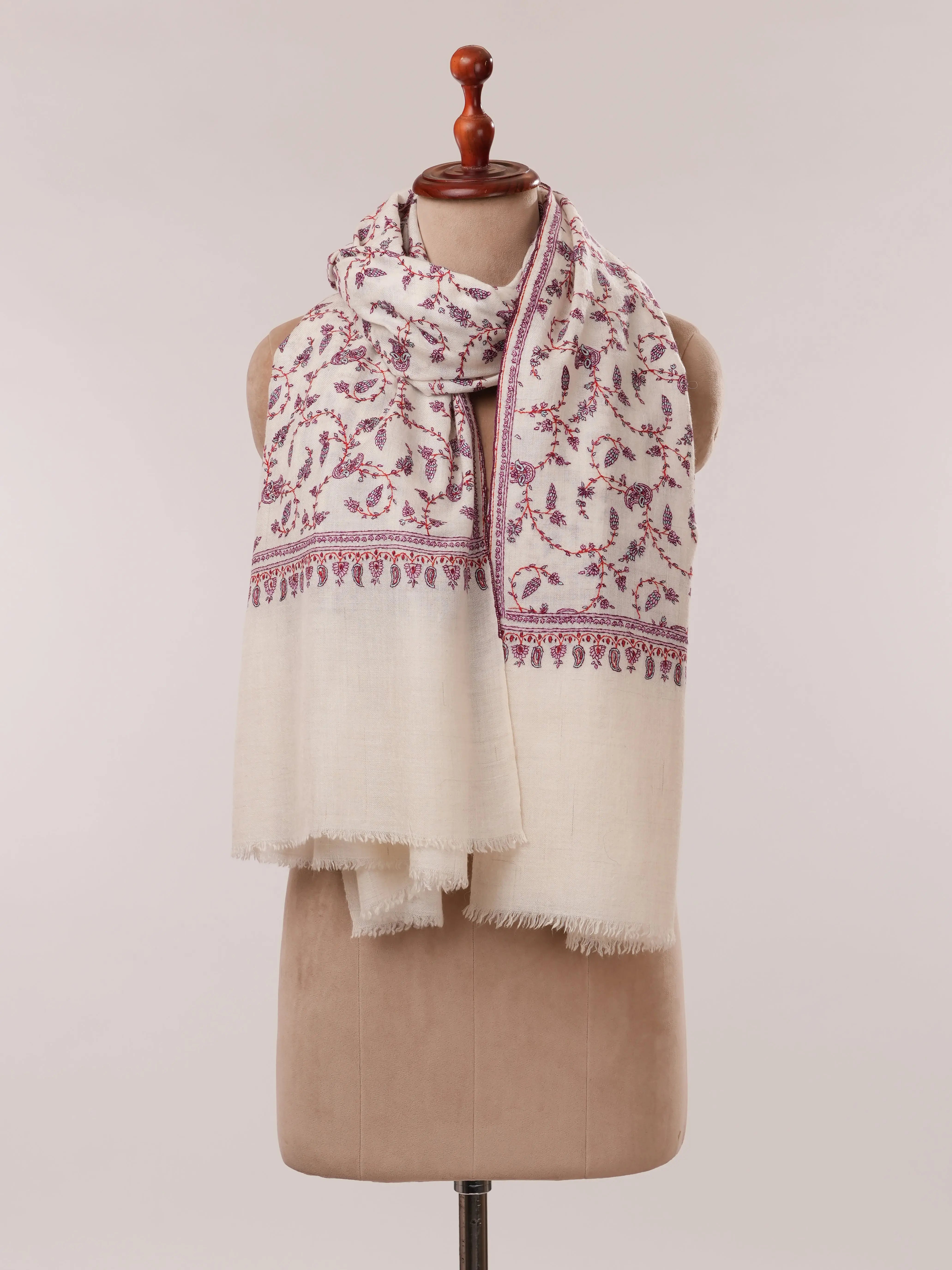 Natural White Pure Pashmina Hand Embroidered Floral Shawl Shahkaar.com