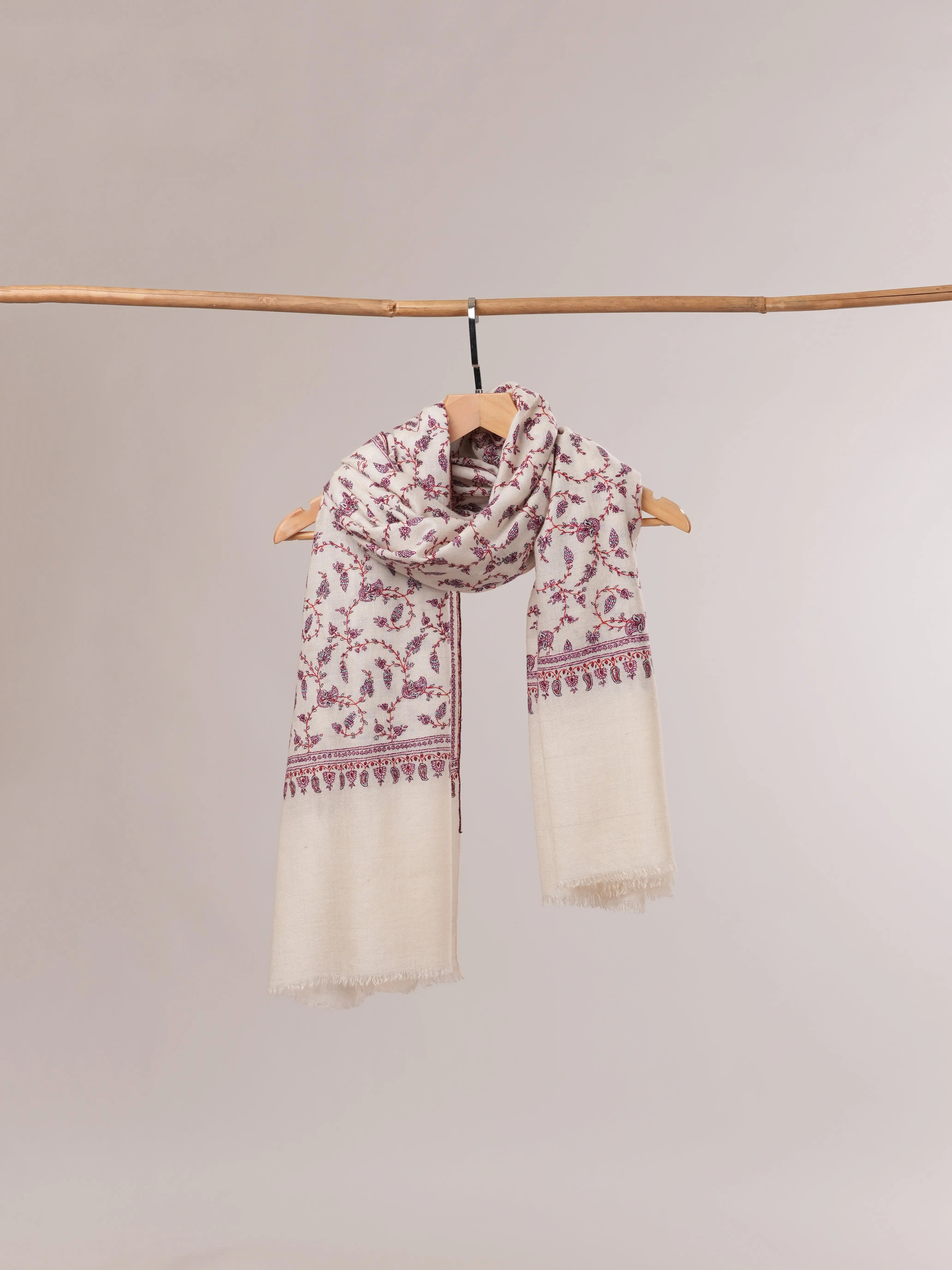 Natural White Pure Pashmina Hand Embroidered Floral Shawl Shahkaar.com