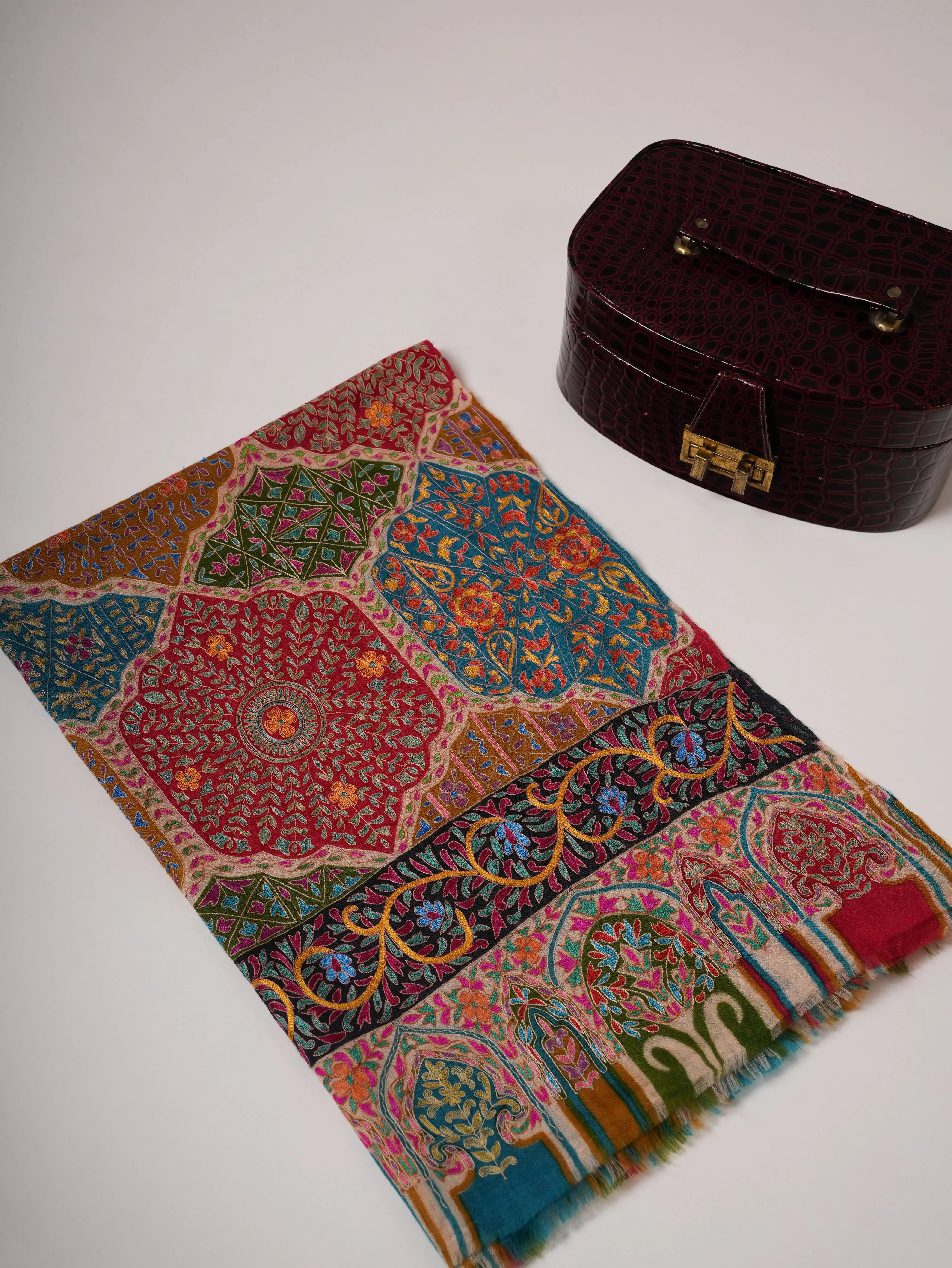 Handpainted Kalamkari Soft Cashmere Scarf with Hook Hand Embroidery Shahkaar