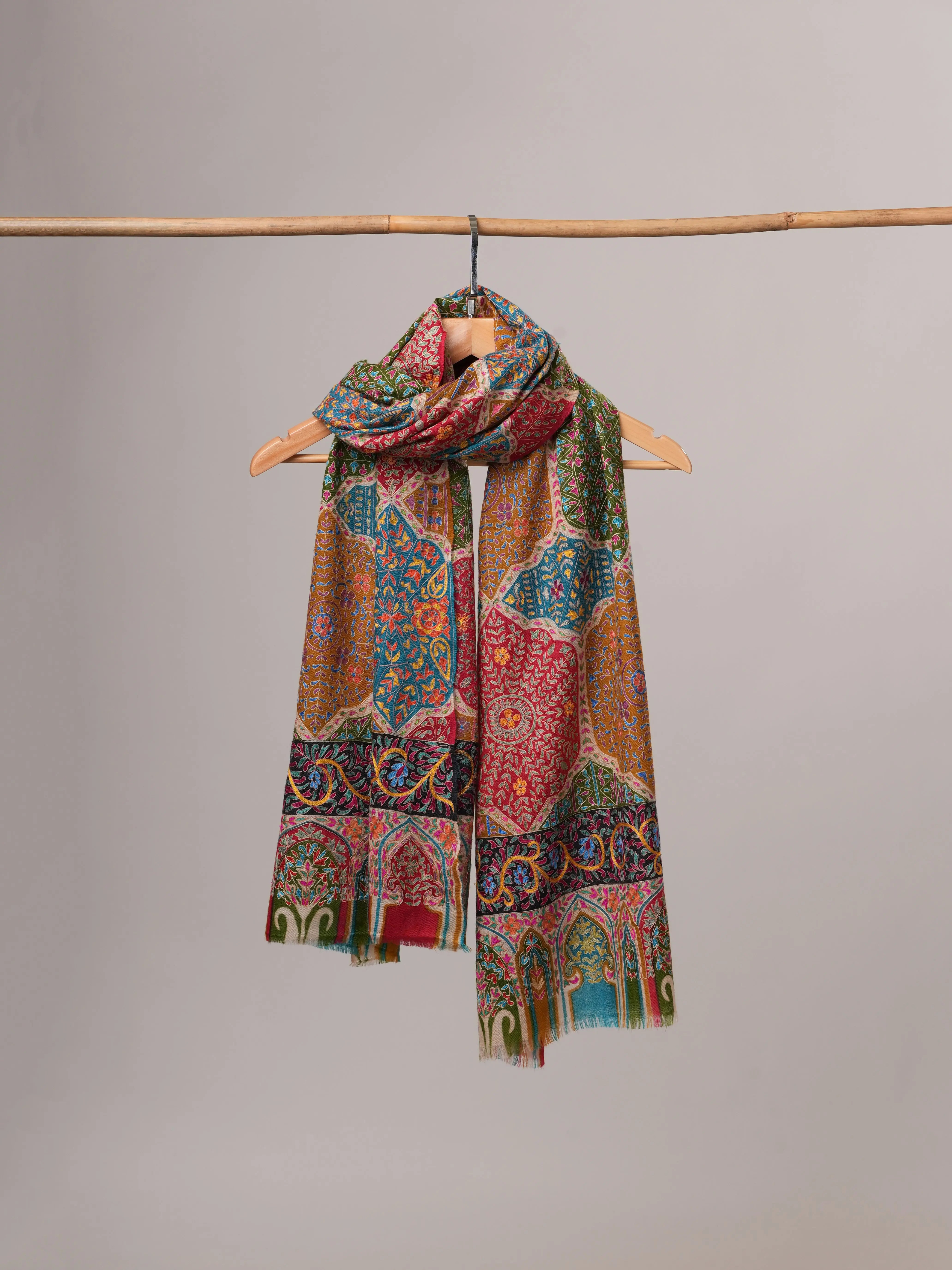 Handpainted Kalamkari Soft Cashmere Scarf with Hook Hand Embroidery Shahkaar