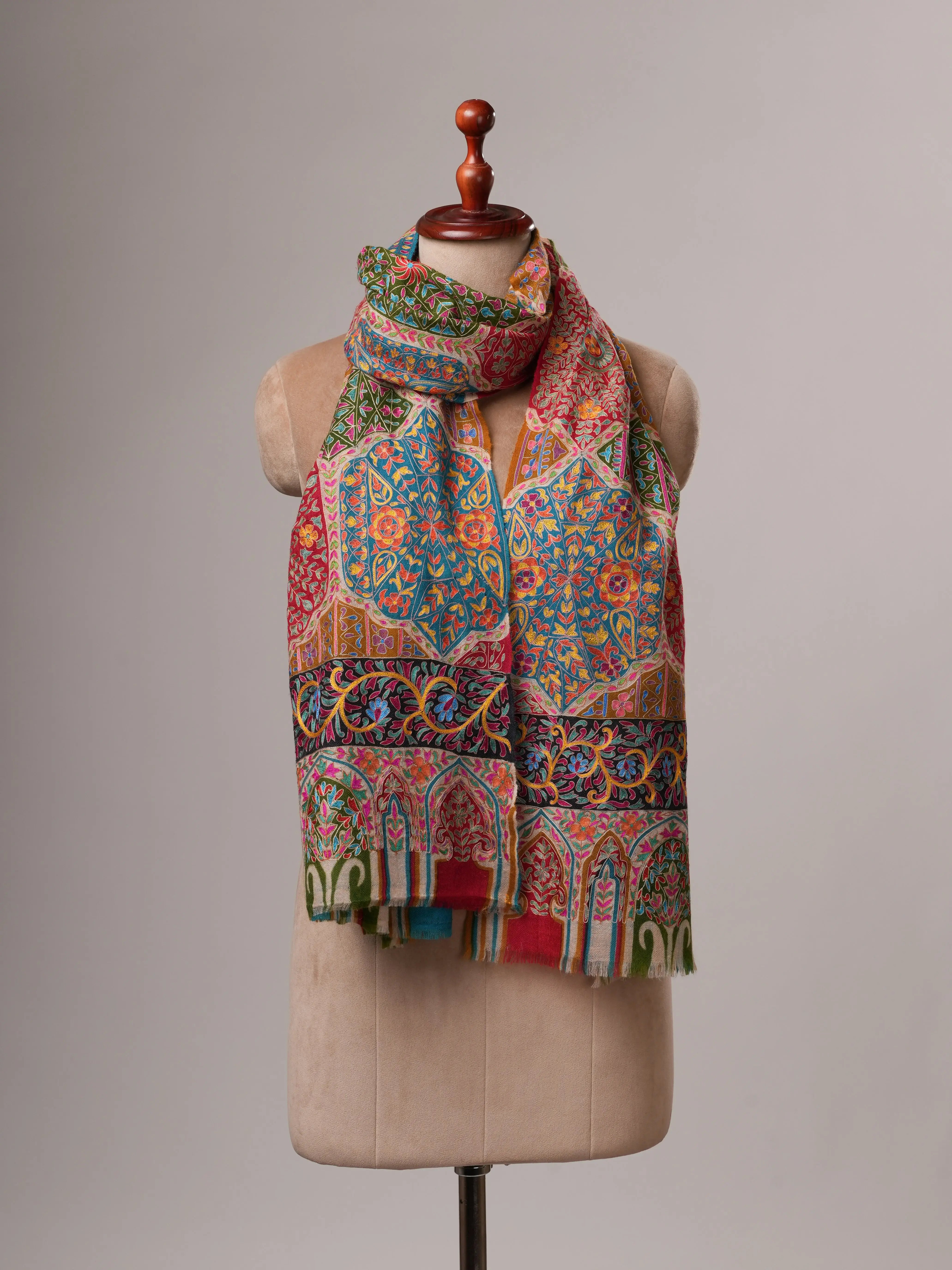 Handpainted Kalamkari Soft Cashmere Scarf with Hook Hand Embroidery Shahkaar
