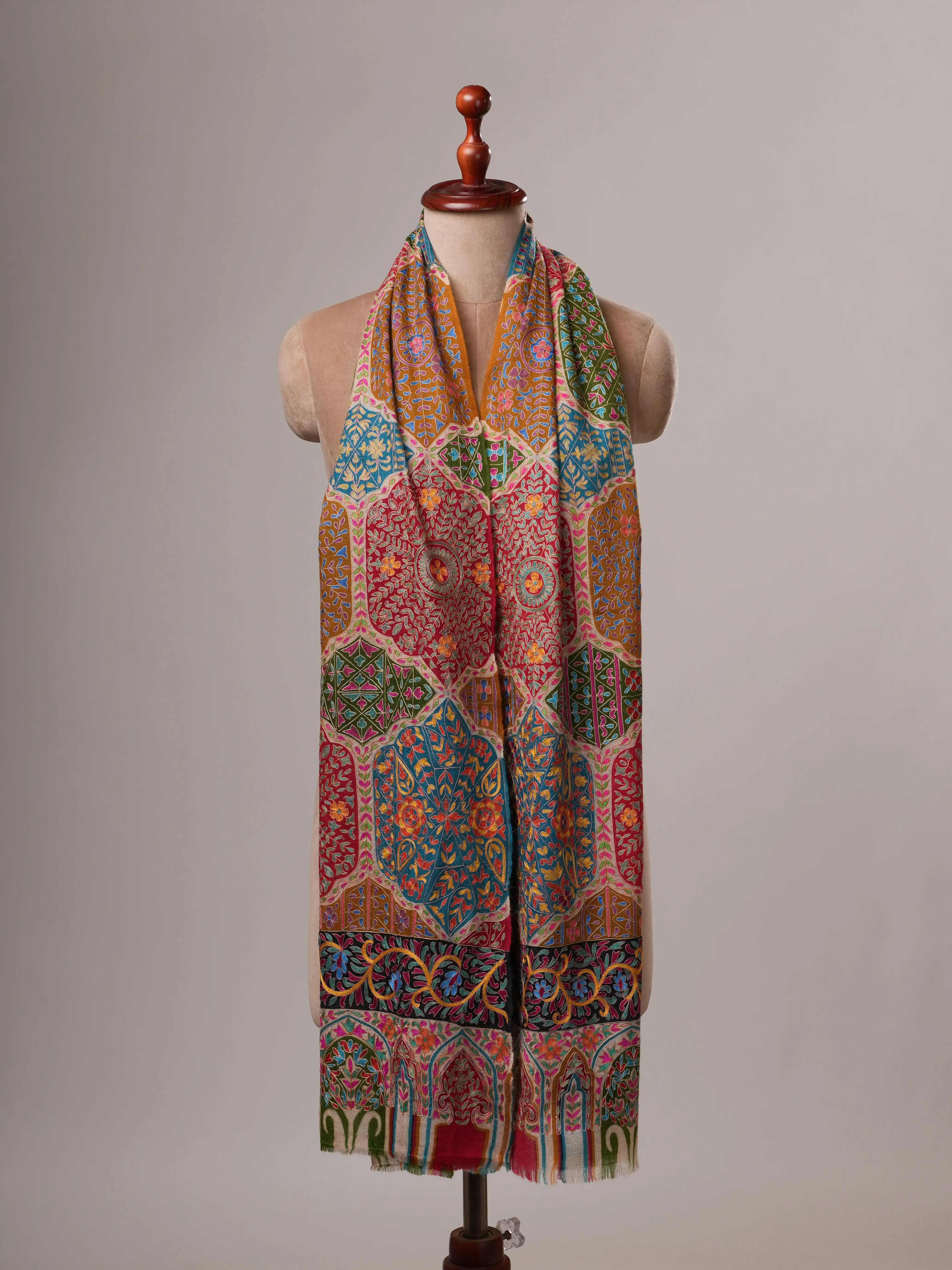 Handpainted Kalamkari Soft Cashmere Scarf with Hook Hand Embroidery Shahkaar