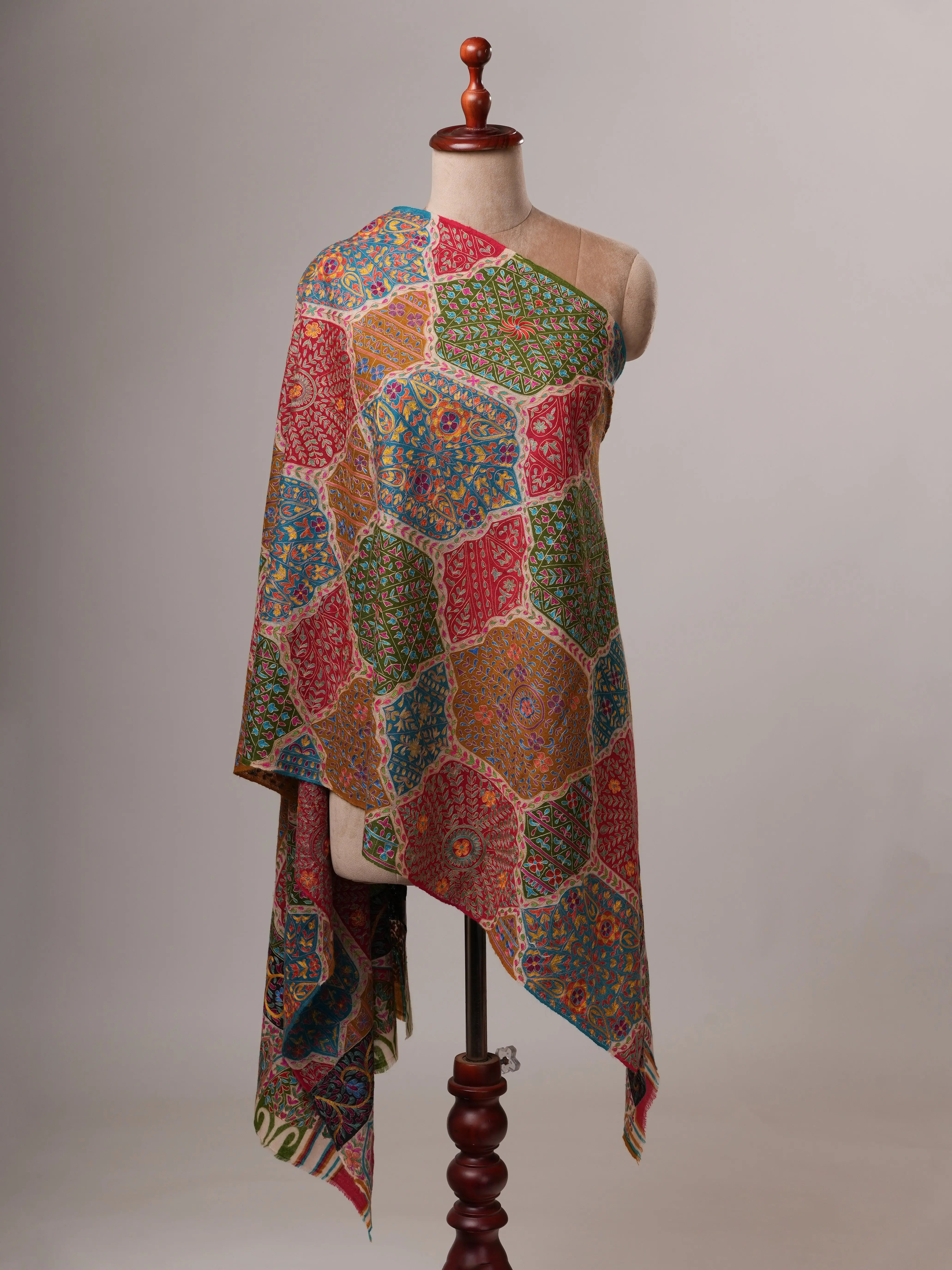 Handpainted Kalamkari Soft Cashmere Scarf with Hook Hand Embroidery Shahkaar
