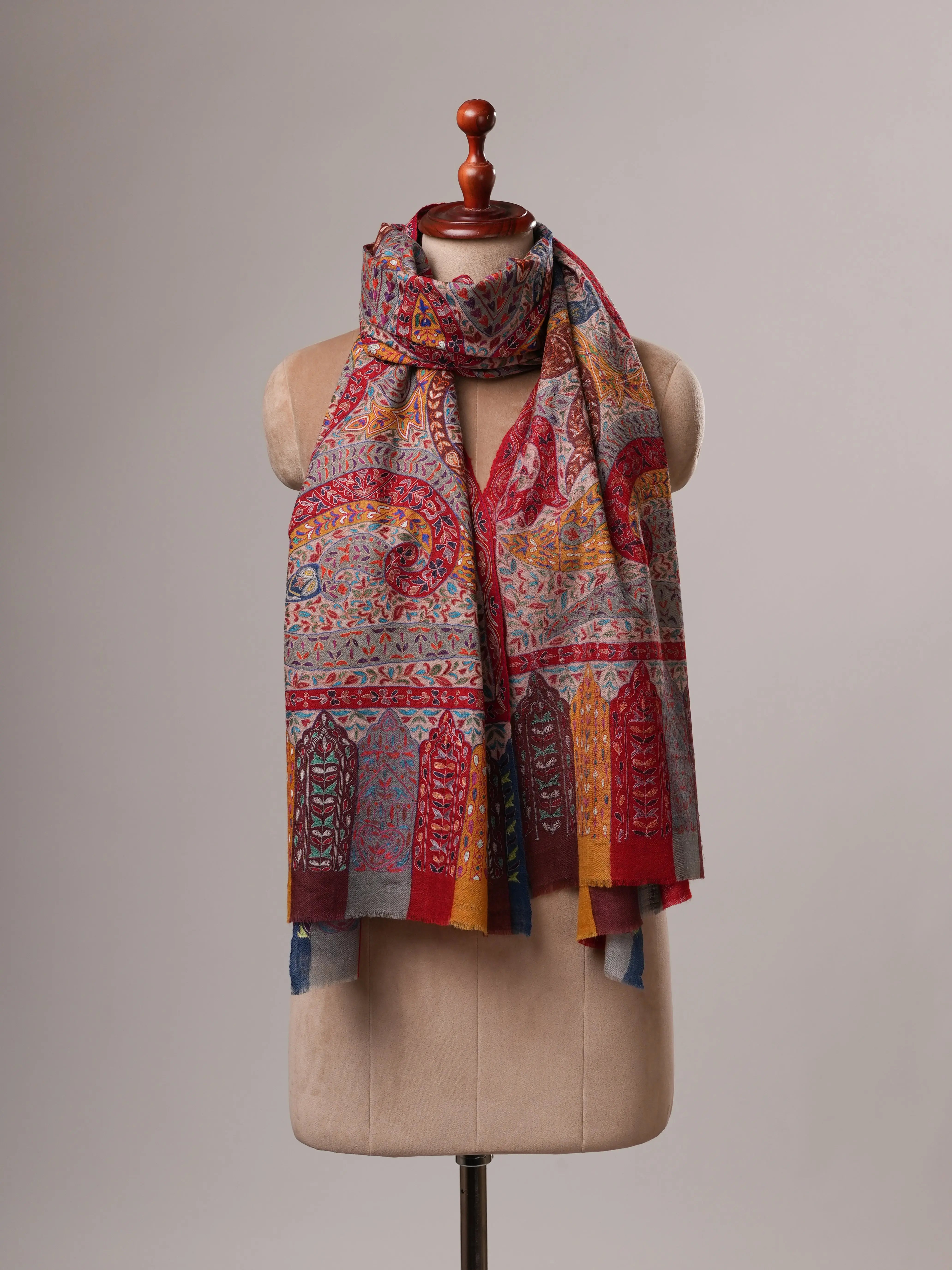 Handloomed Handpainted Kalamkari Cashmere Scarf with Hook Embroidery Shahkaar