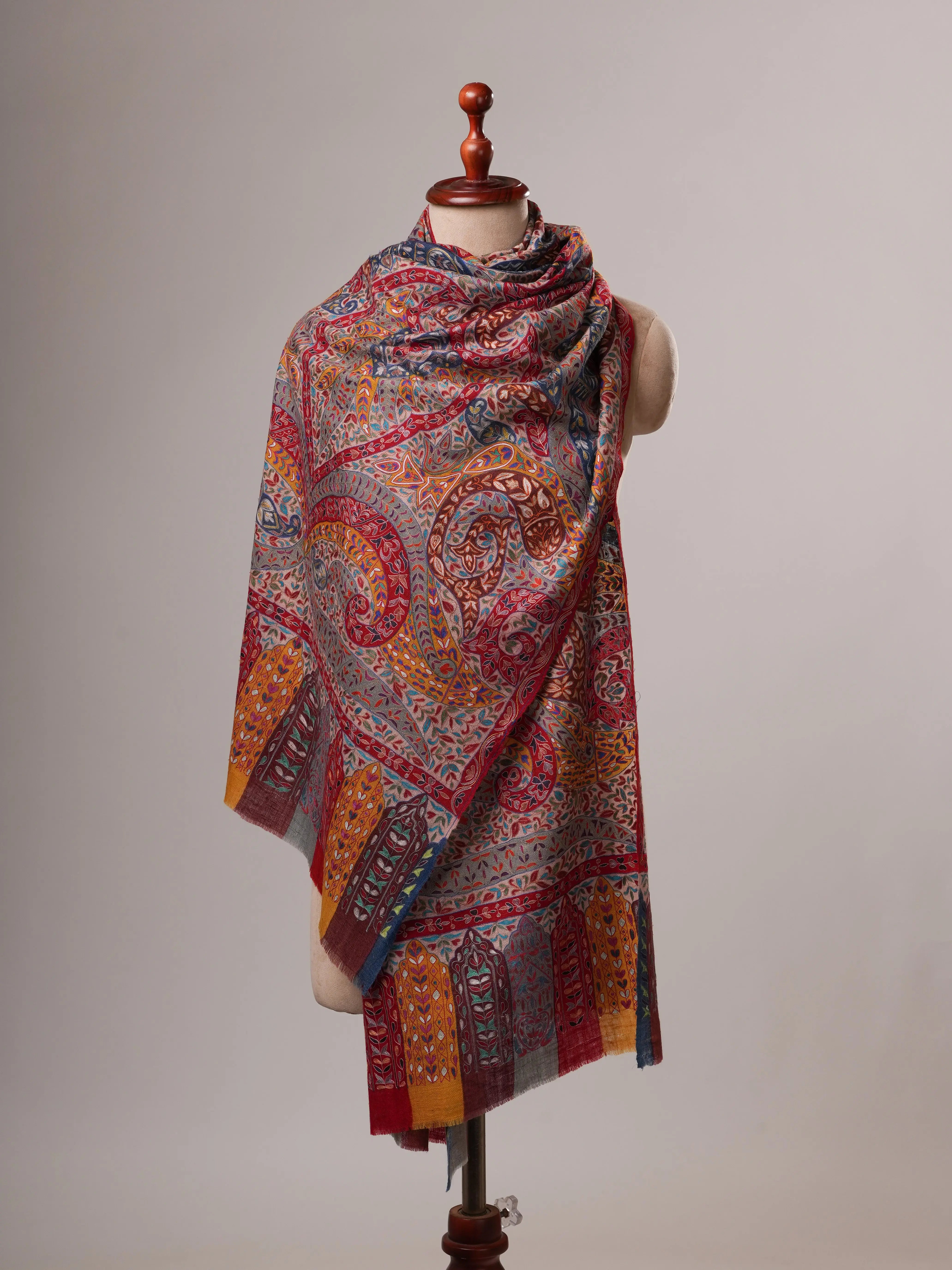 Handloomed Handpainted Kalamkari Cashmere Scarf with Hook Embroidery Shahkaar
