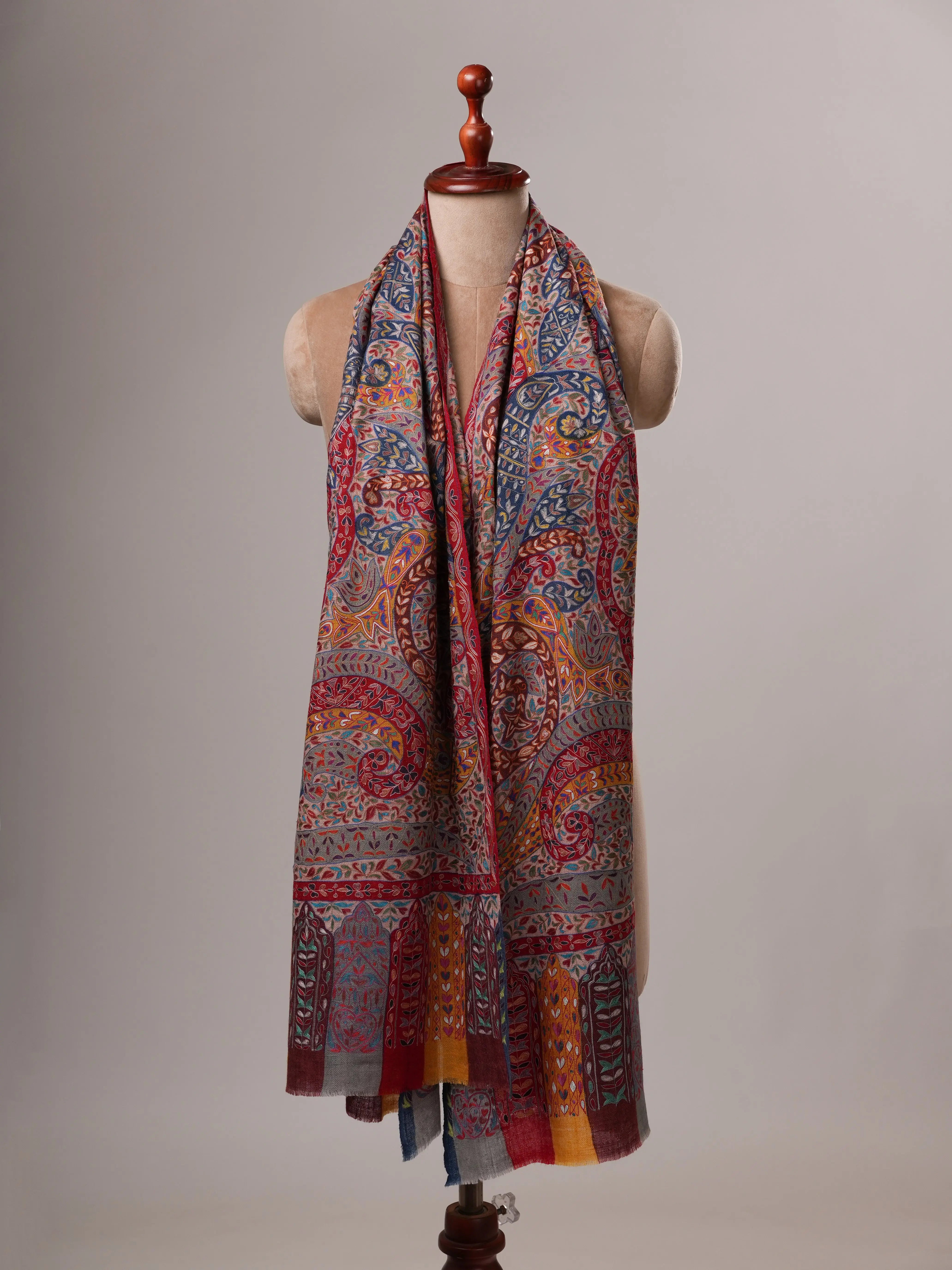 Handloomed Handpainted Kalamkari Cashmere Scarf with Hook Embroidery Shahkaar