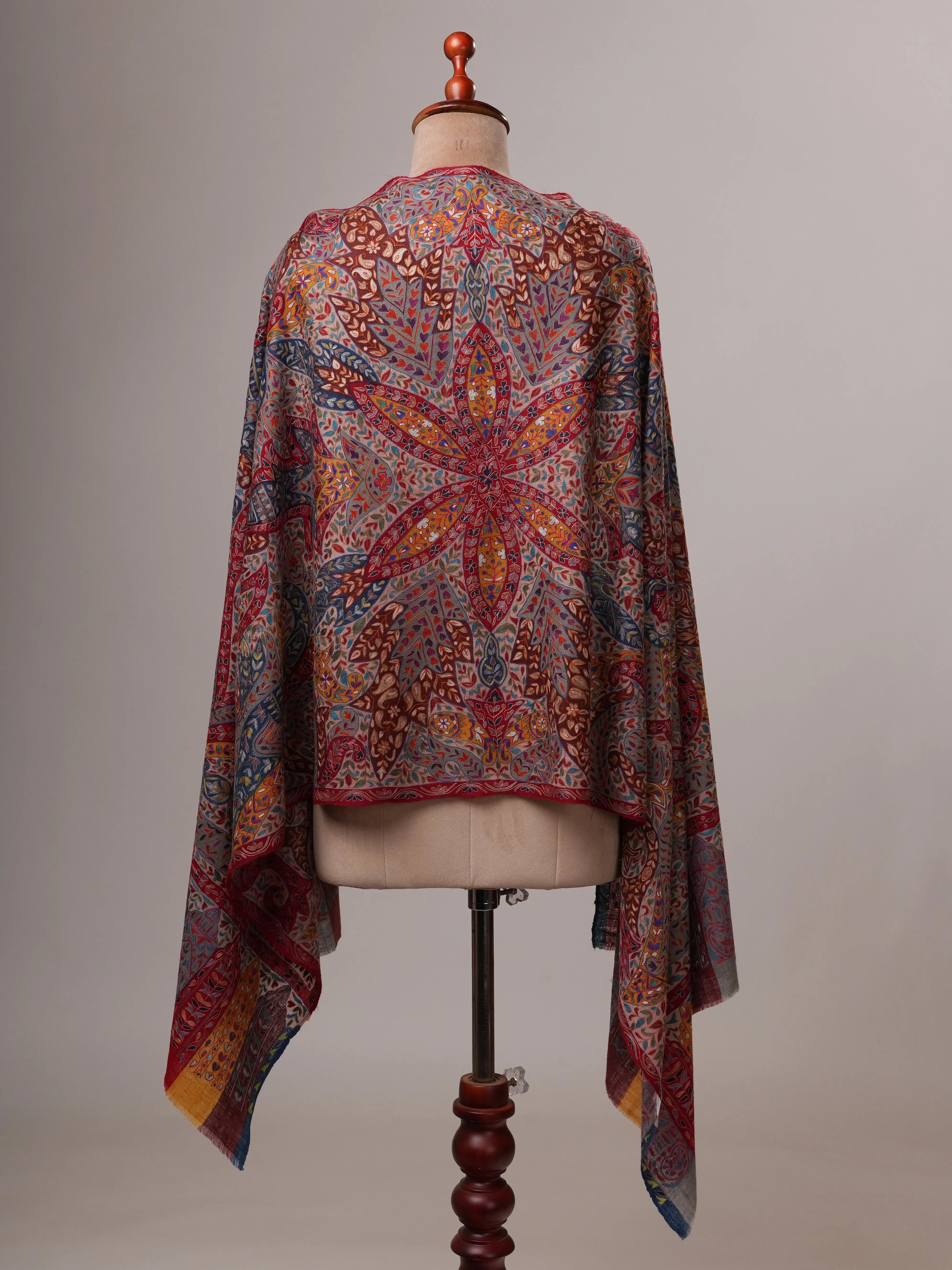 Handloomed Handpainted Kalamkari Cashmere Scarf with Hook Embroidery Shahkaar