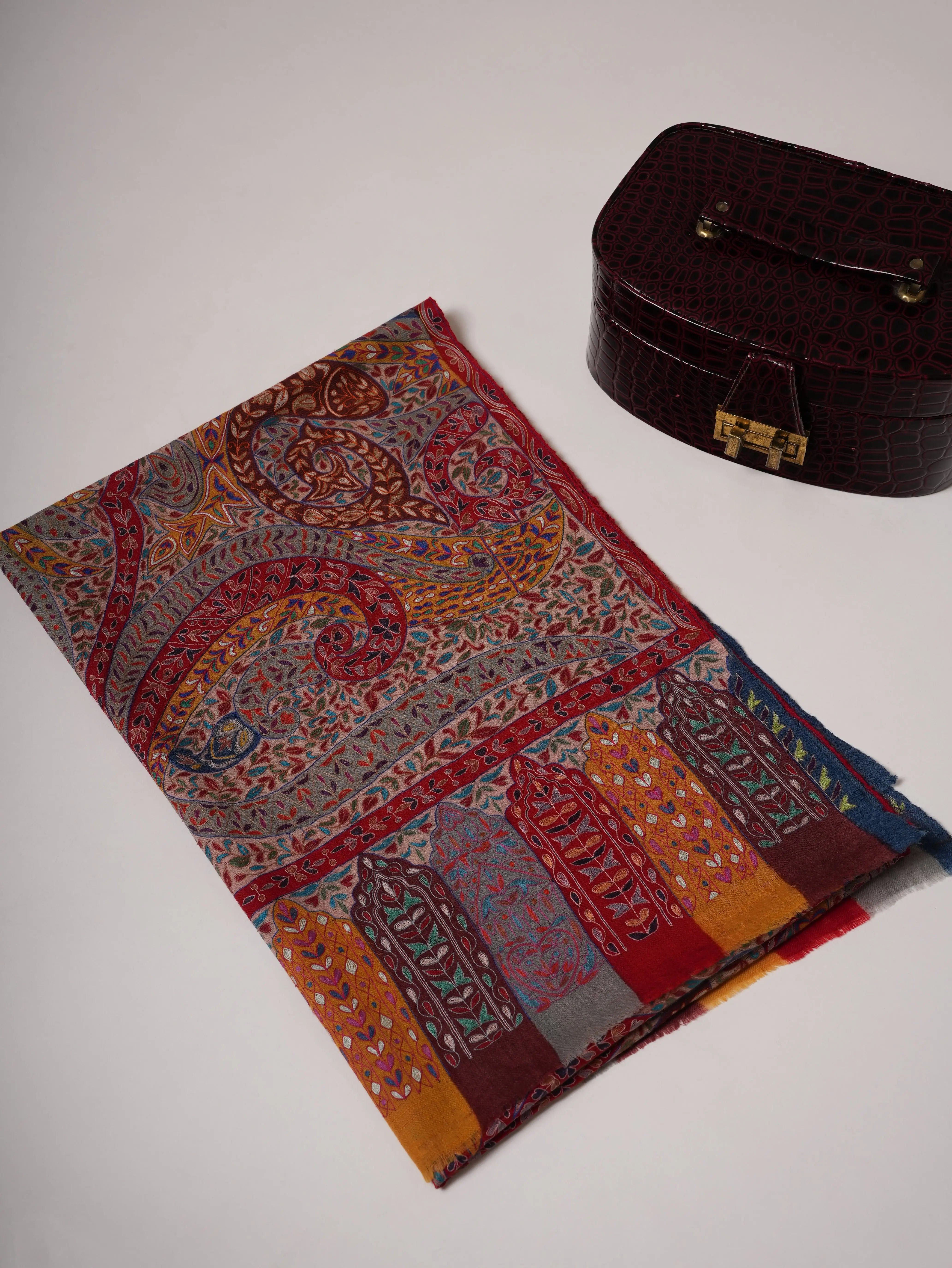 Handloomed Handpainted Kalamkari Cashmere Scarf with Hook Embroidery Shahkaar