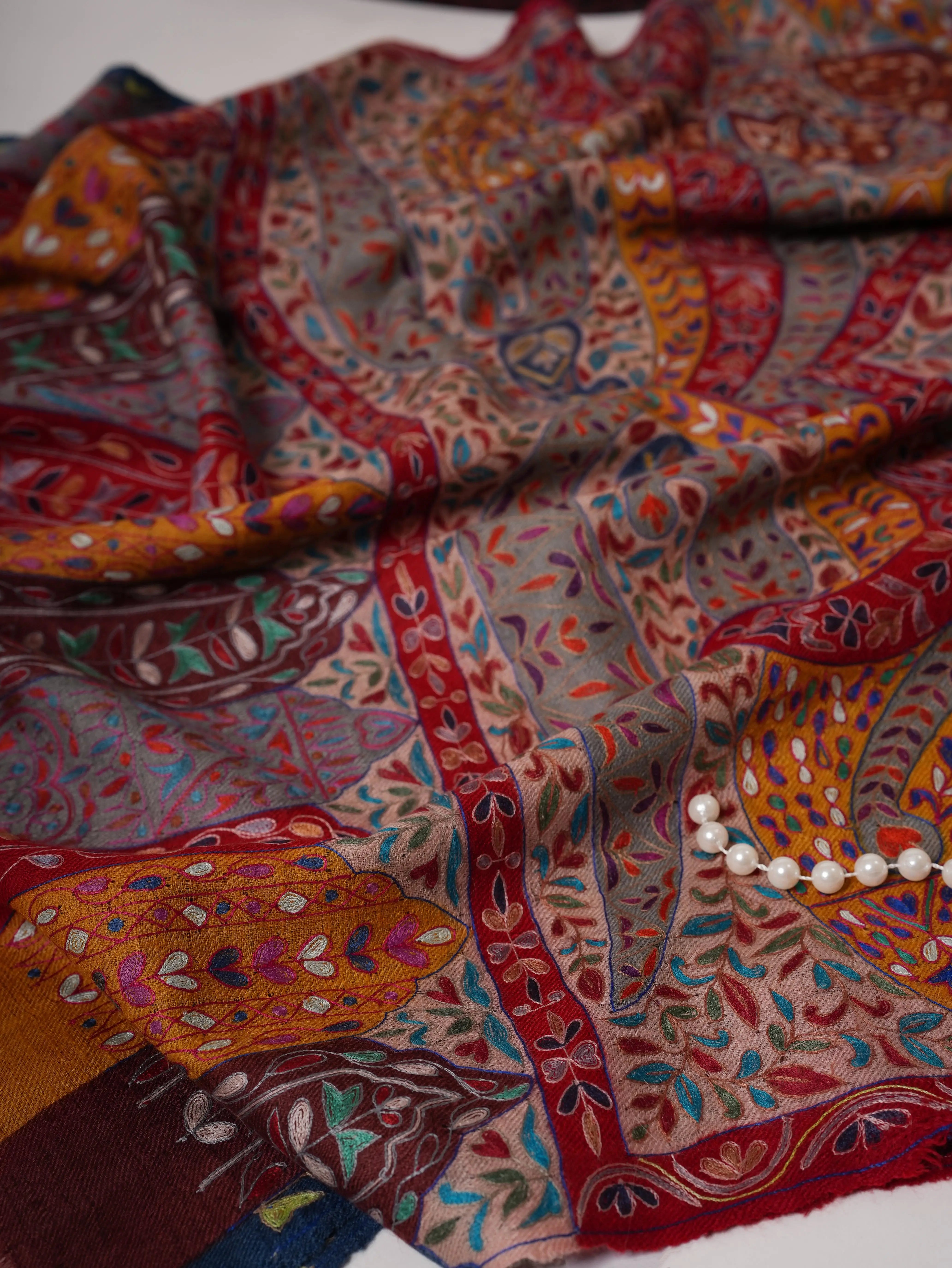 Handloomed Handpainted Kalamkari Cashmere Scarf with Hook Embroidery Shahkaar