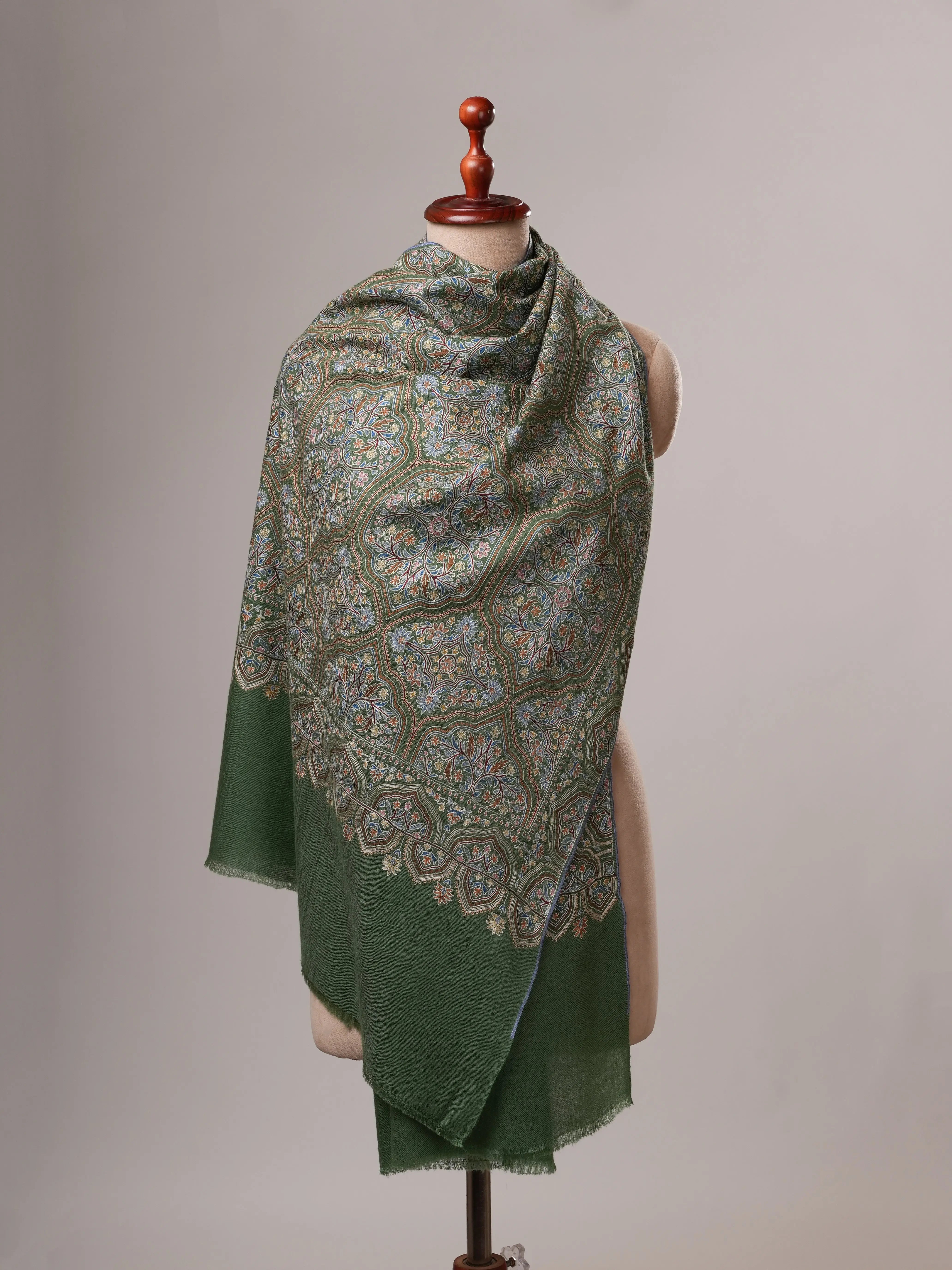 Green Hand Hook Embroidered Jali Cashmere Scarf Shahkaar