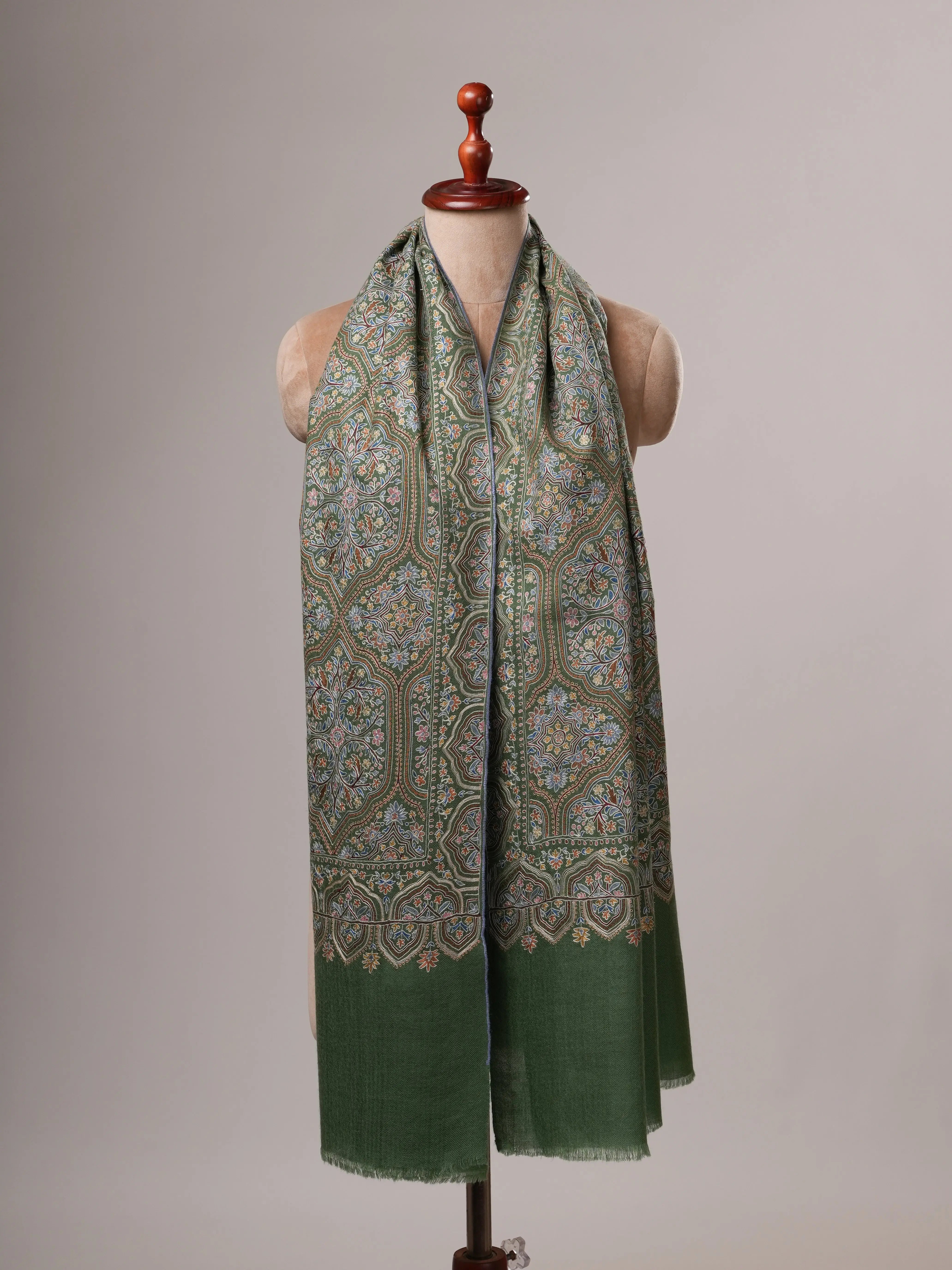 Green Hand Hook Embroidered Jali Cashmere Scarf Shahkaar