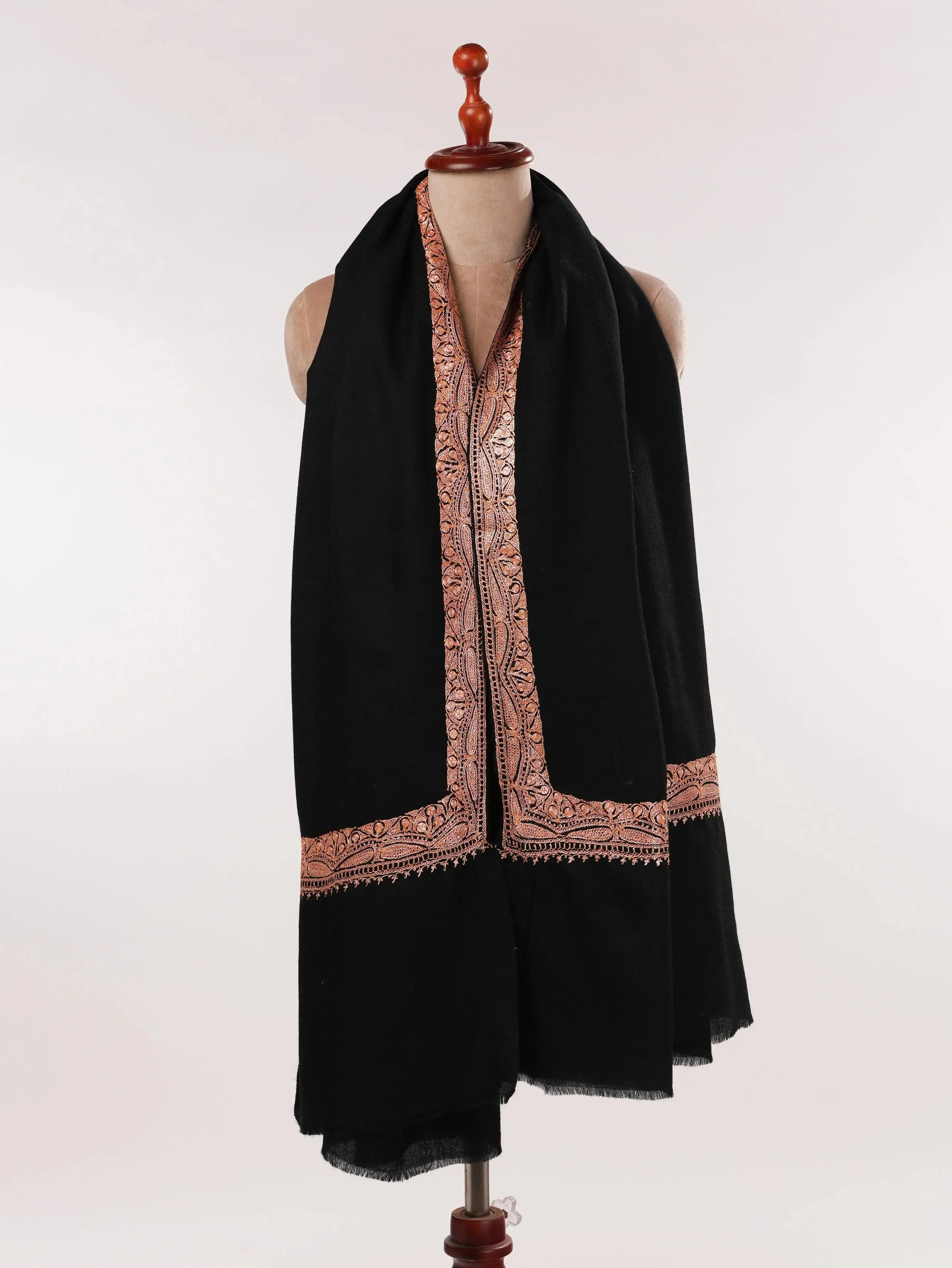 Hand Tilla Embroidery Black Pure Wool Soft Shawl Shahkaar.com