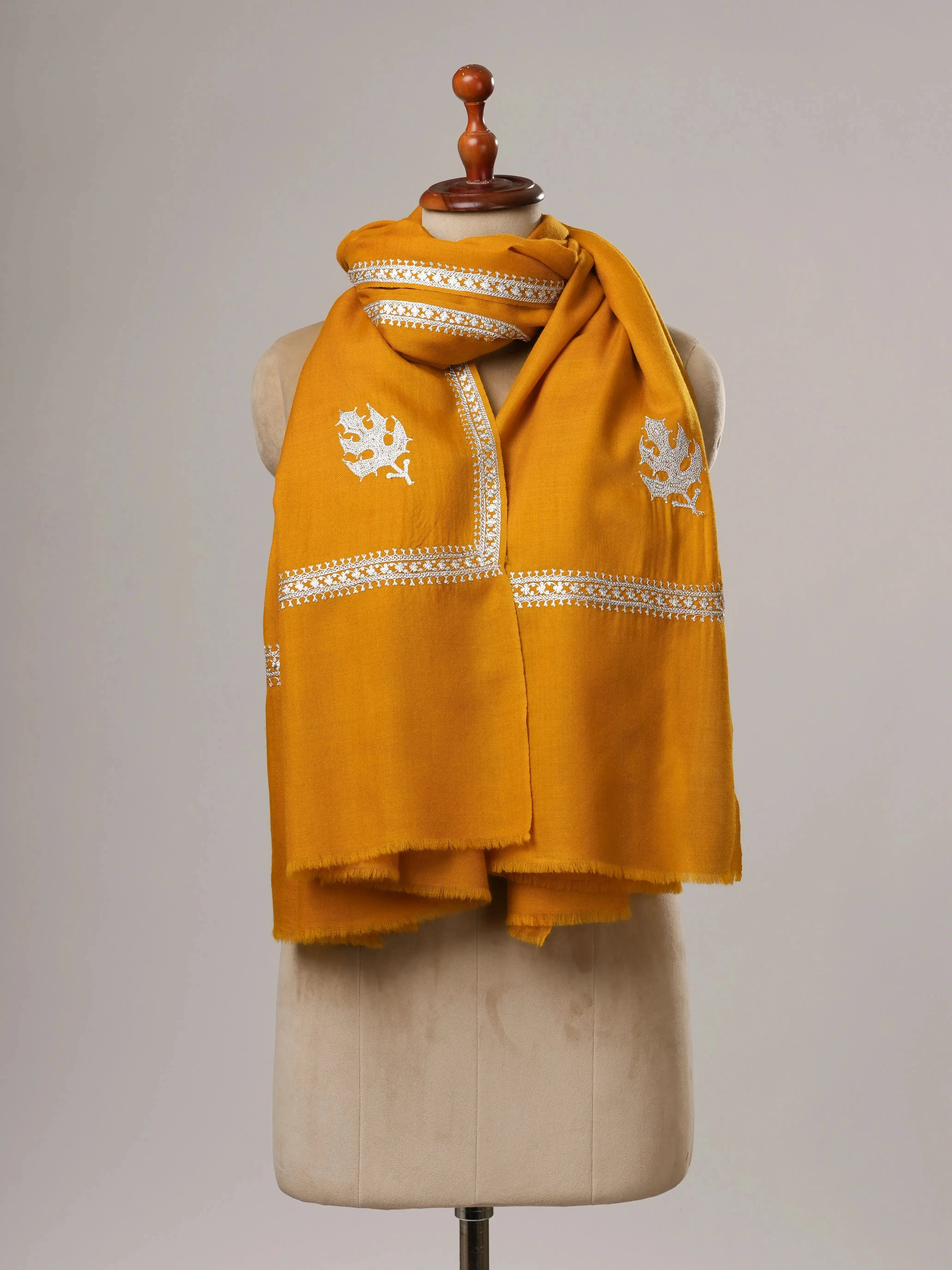 Mustard Hashia Tilla Hand Embroidered Fine Wool Shawl Shahkaar