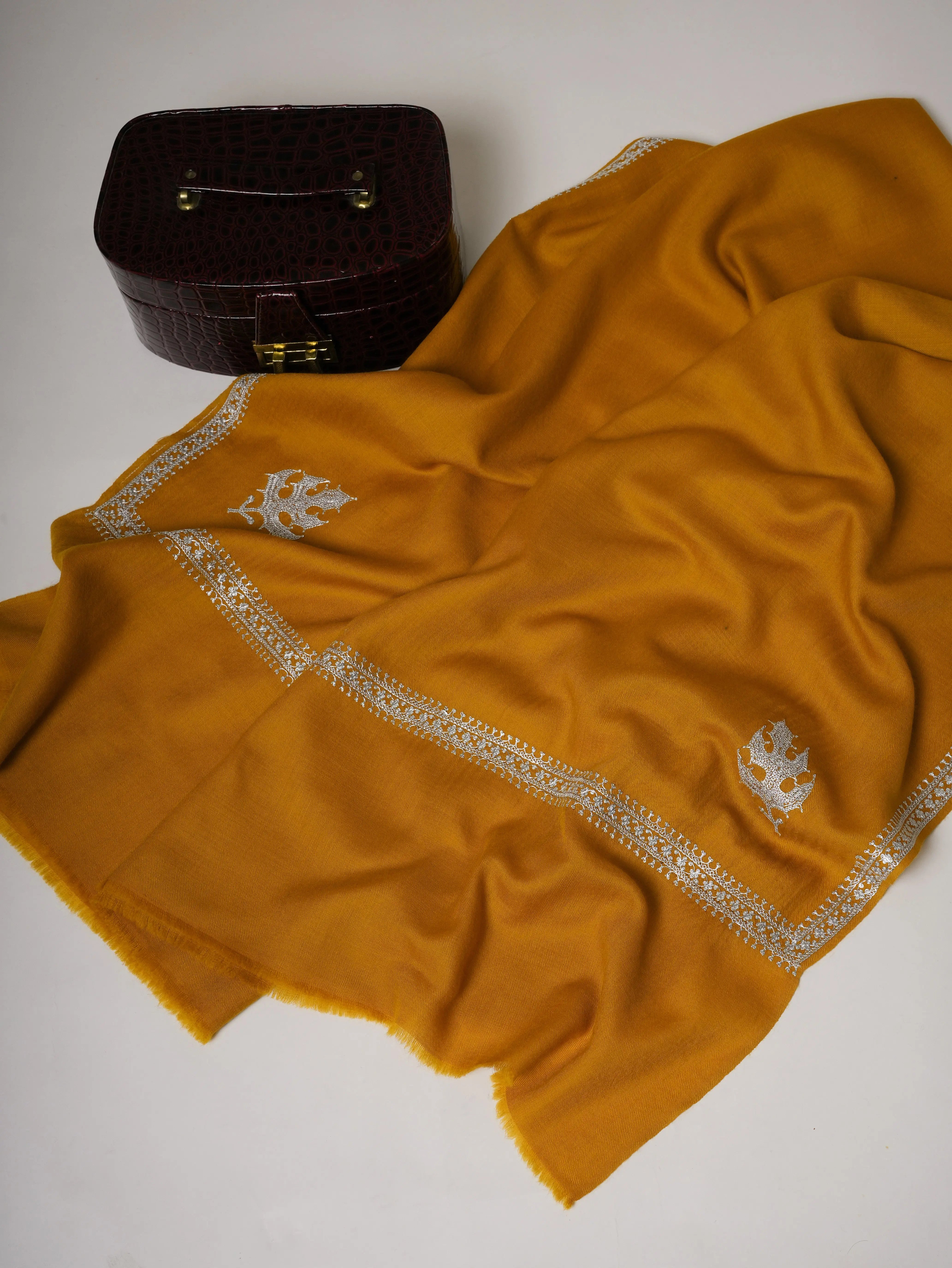 Mustard Hashia Tilla Hand Embroidered Fine Wool Shawl Shahkaar