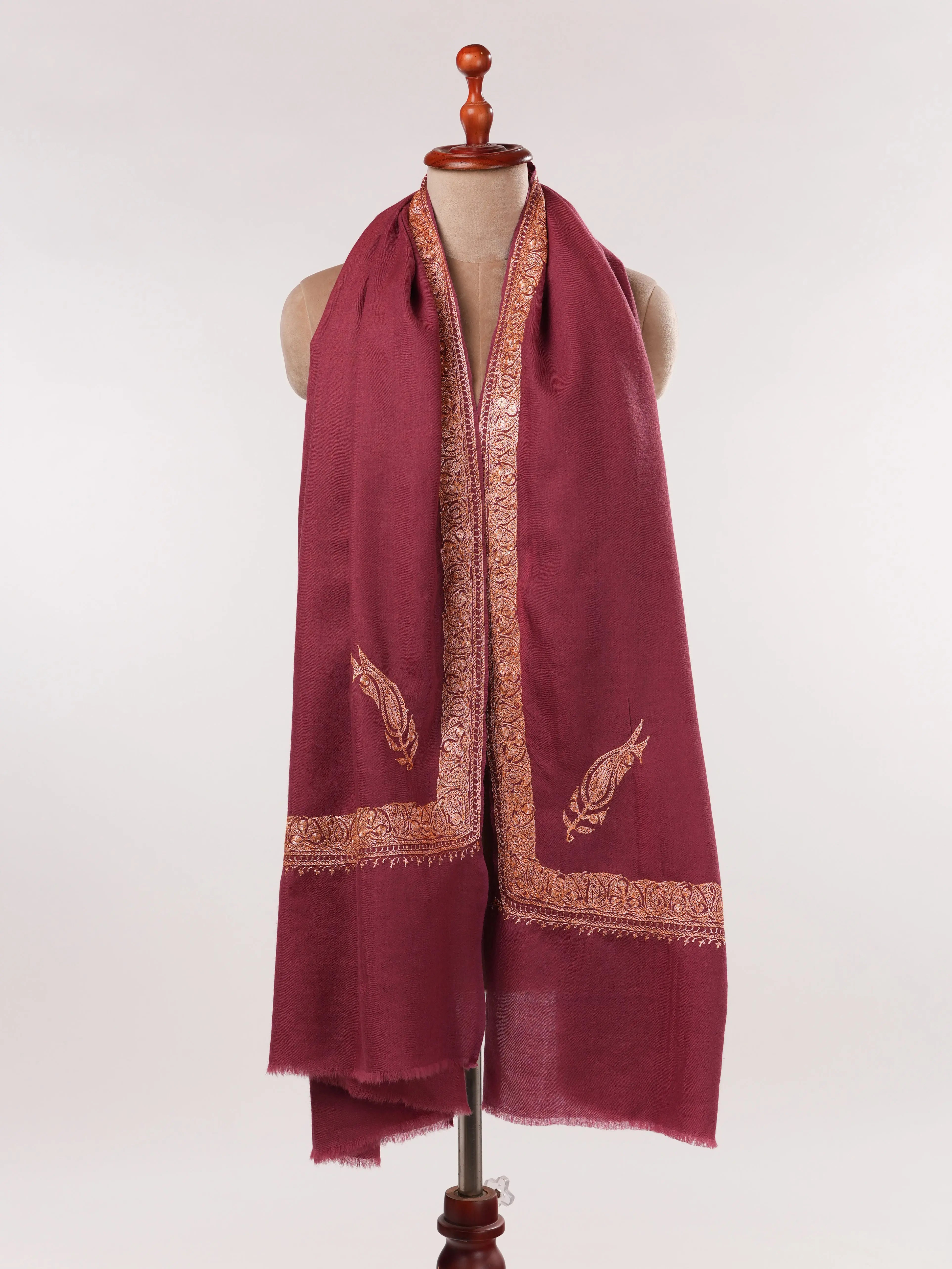 Hand Tilla Embroidery Dusty Rose Kashmiri Fine Wool Shawl Shahkaar.com