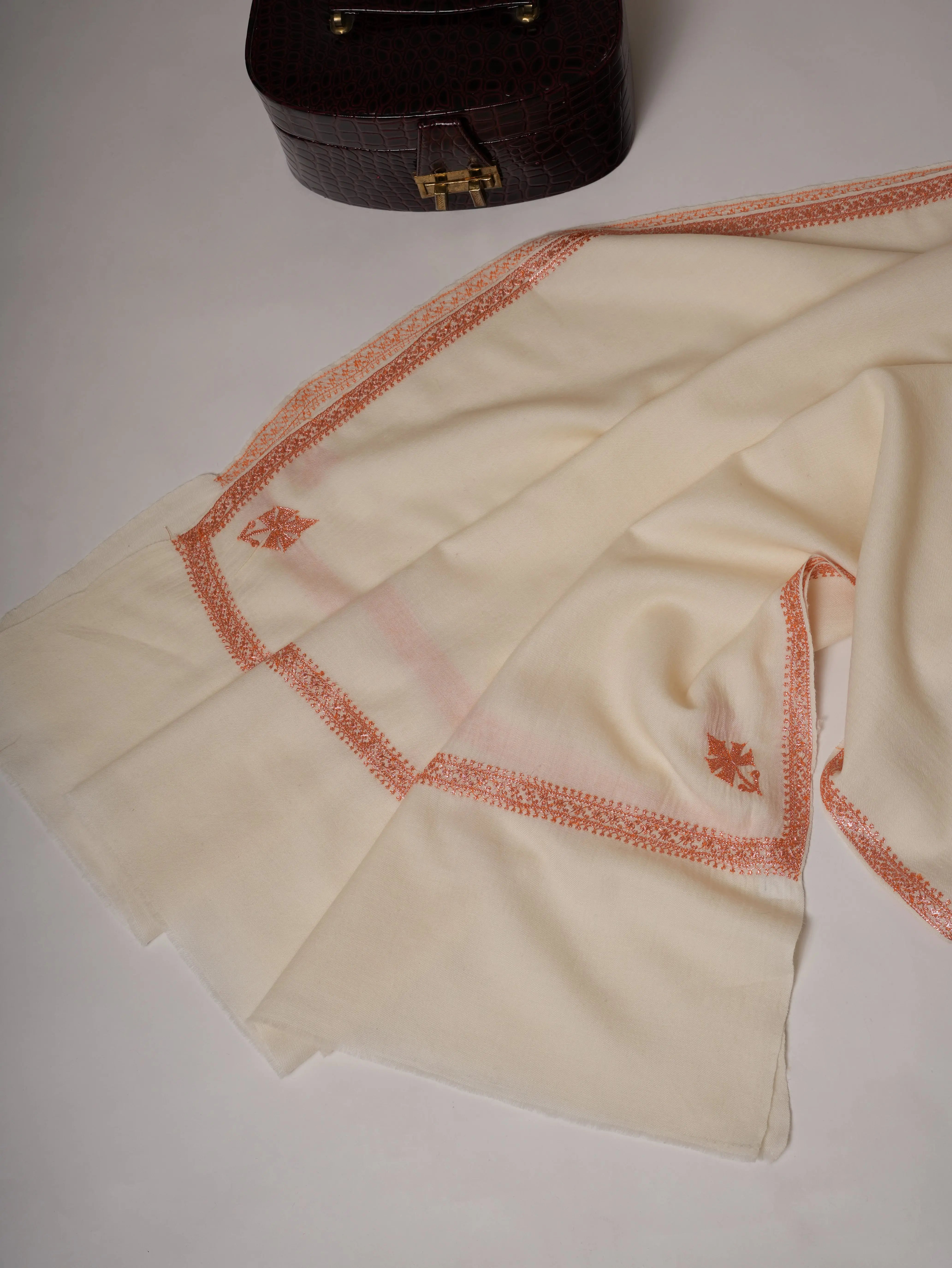 White Fine Wool Hashia Hand Embroidered Shawl Shahkaar