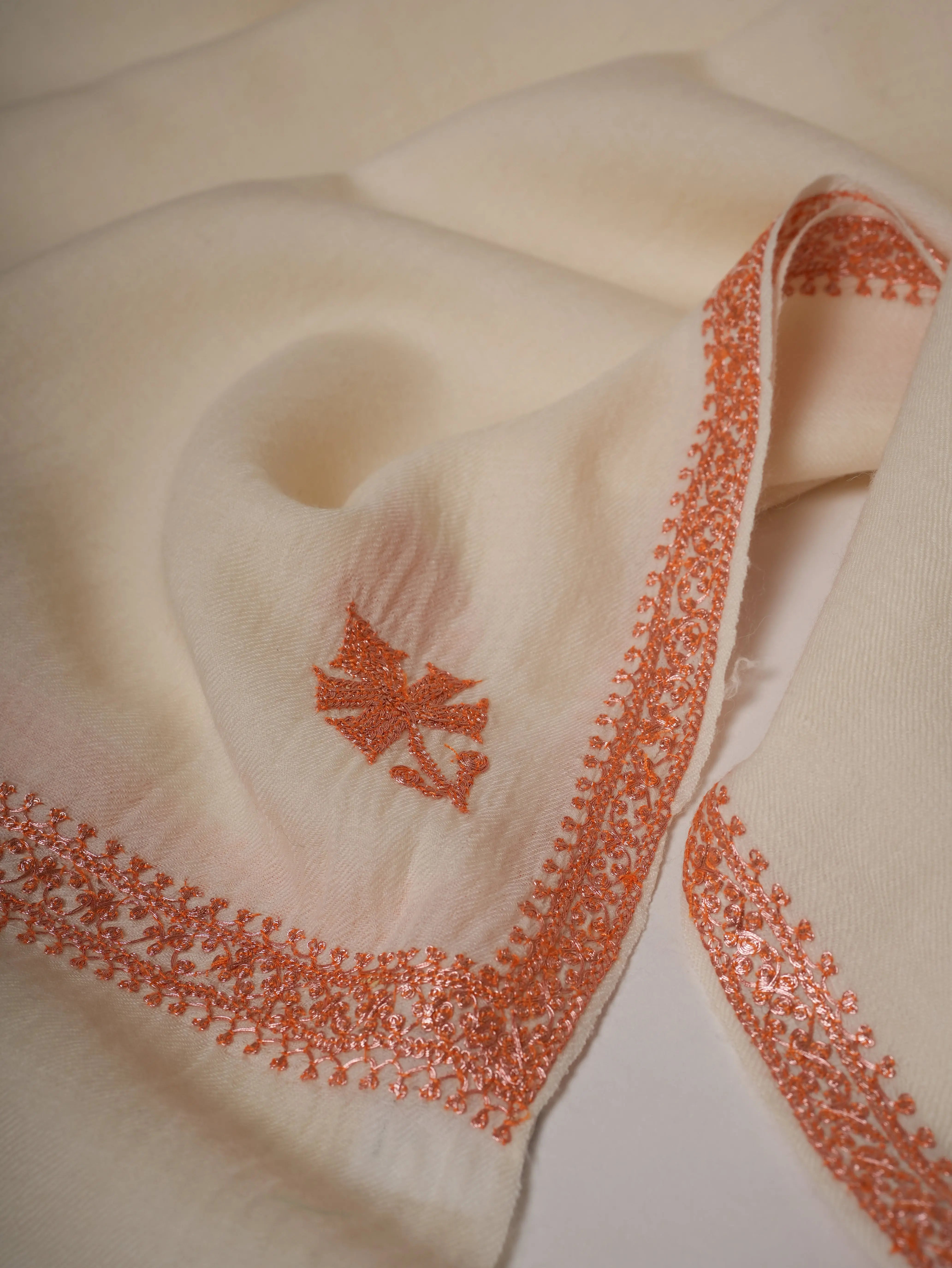 White Fine Wool Hashia Hand Embroidered Shawl Shahkaar