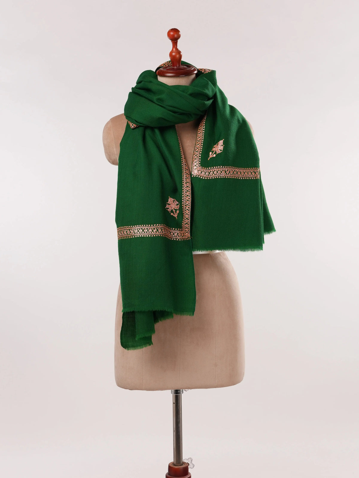 Emerald Green Fine Wool Shawl with Baildar Hand Tilla Embroidery Shahkaar.com