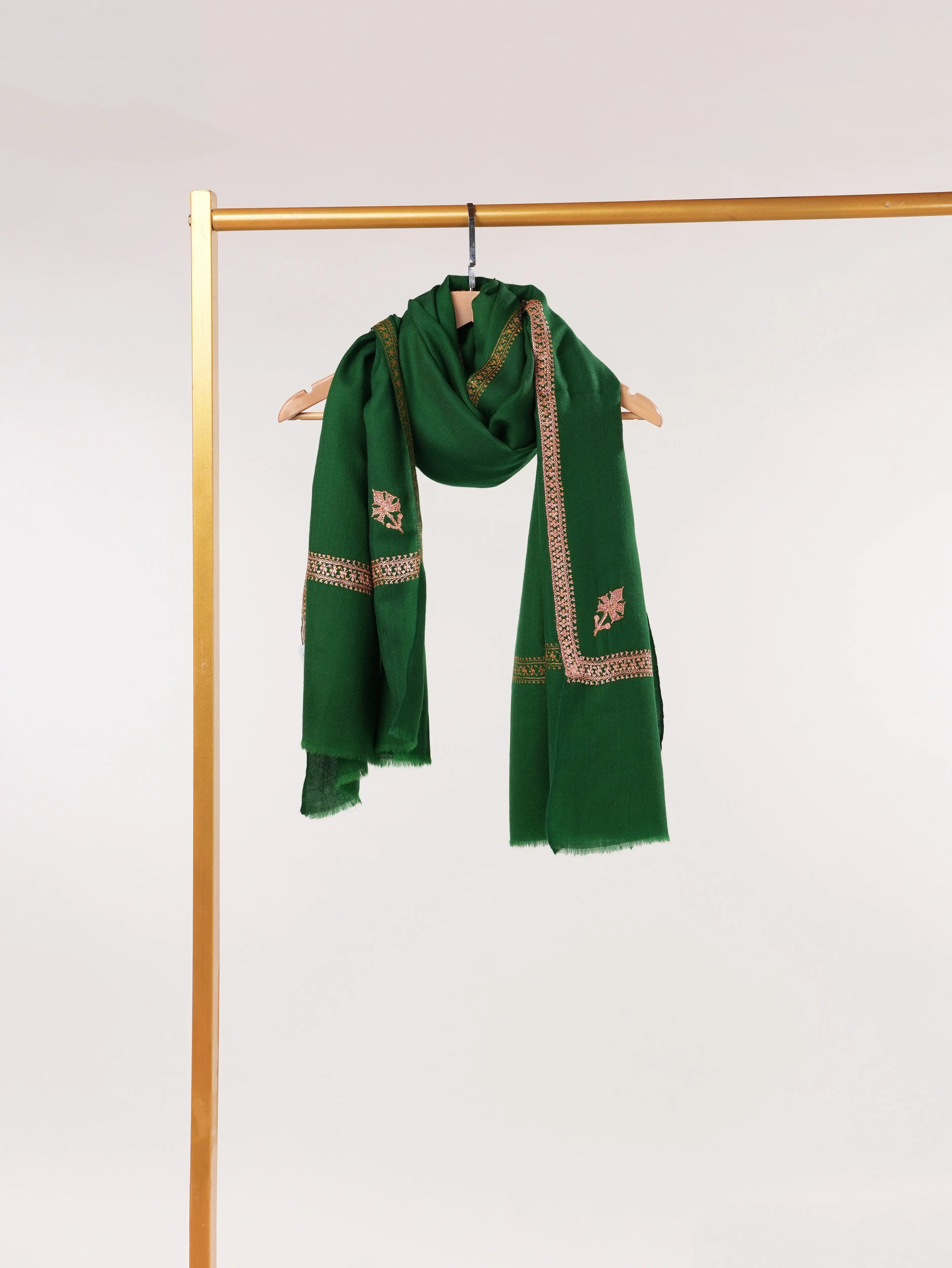 Emerald Green Fine Wool Shawl with Baildar Hand Tilla Embroidery Shahkaar.com