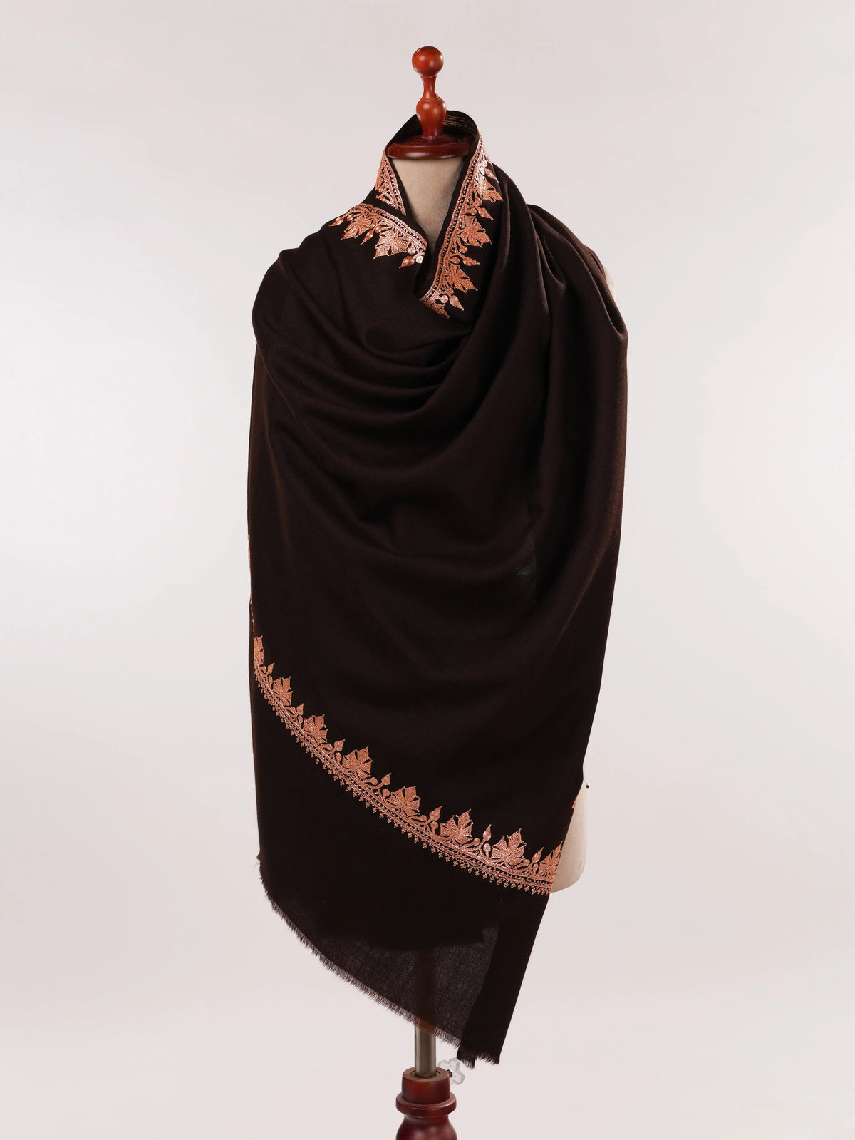 Hashidar Hand Tilla Embroidered Dark Brown Fine Wool Shawl Shahkaar.com