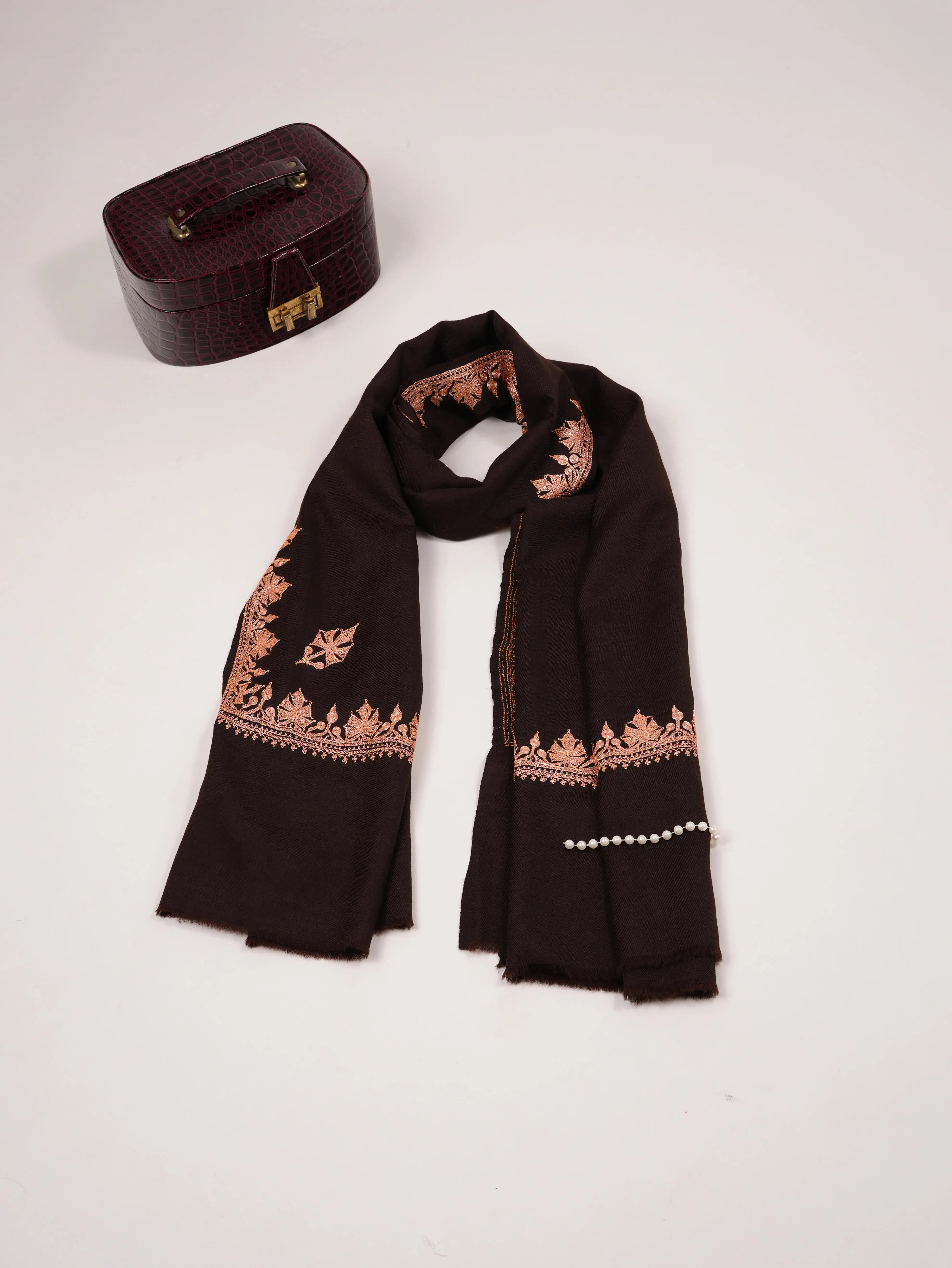 Hashidar Hand Tilla Embroidered Dark Brown Fine Wool Shawl Shahkaar.com