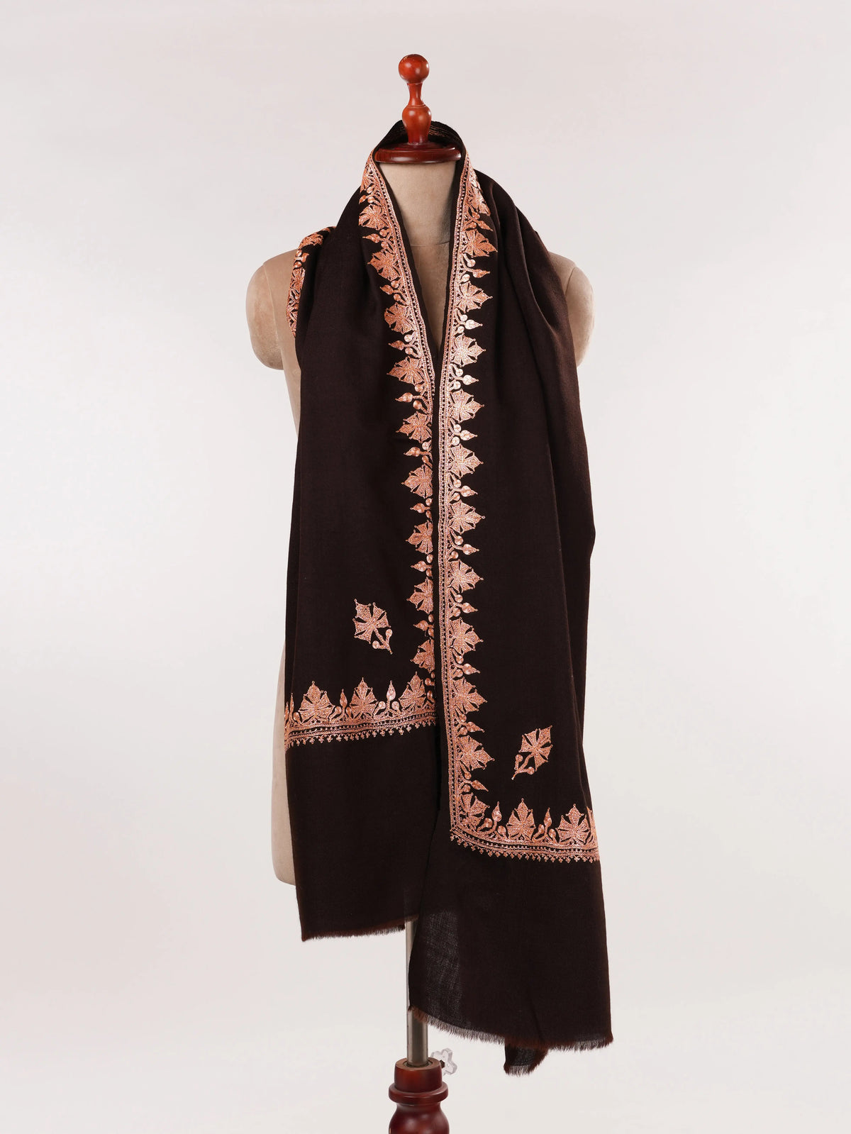 Hashidar Hand Tilla Embroidered Dark Brown Fine Wool Shawl Shahkaar.com