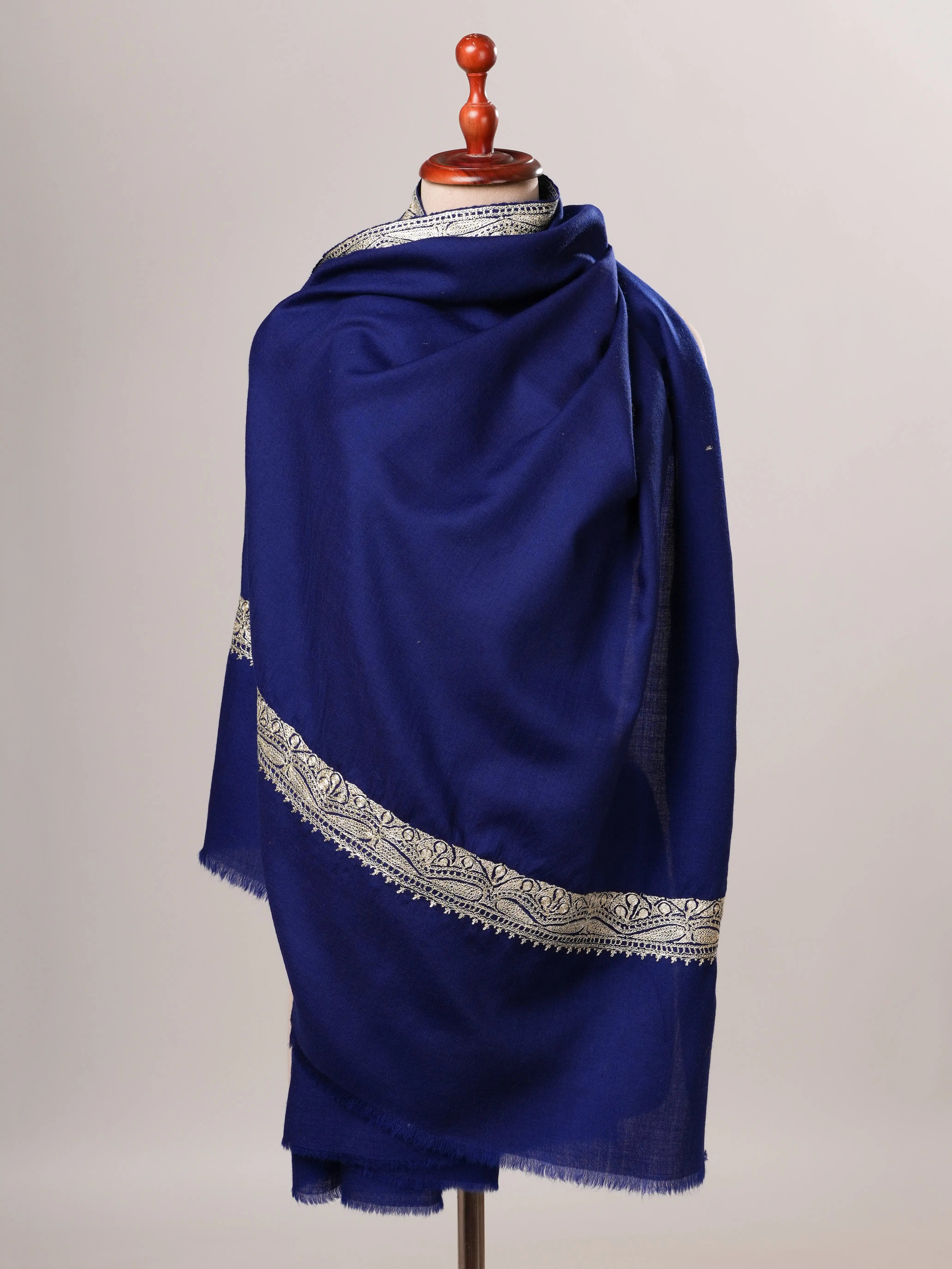 Navy Blue Fine Wool Water Gold Hand Embroidered Tilla Shawl Shahkaar Global