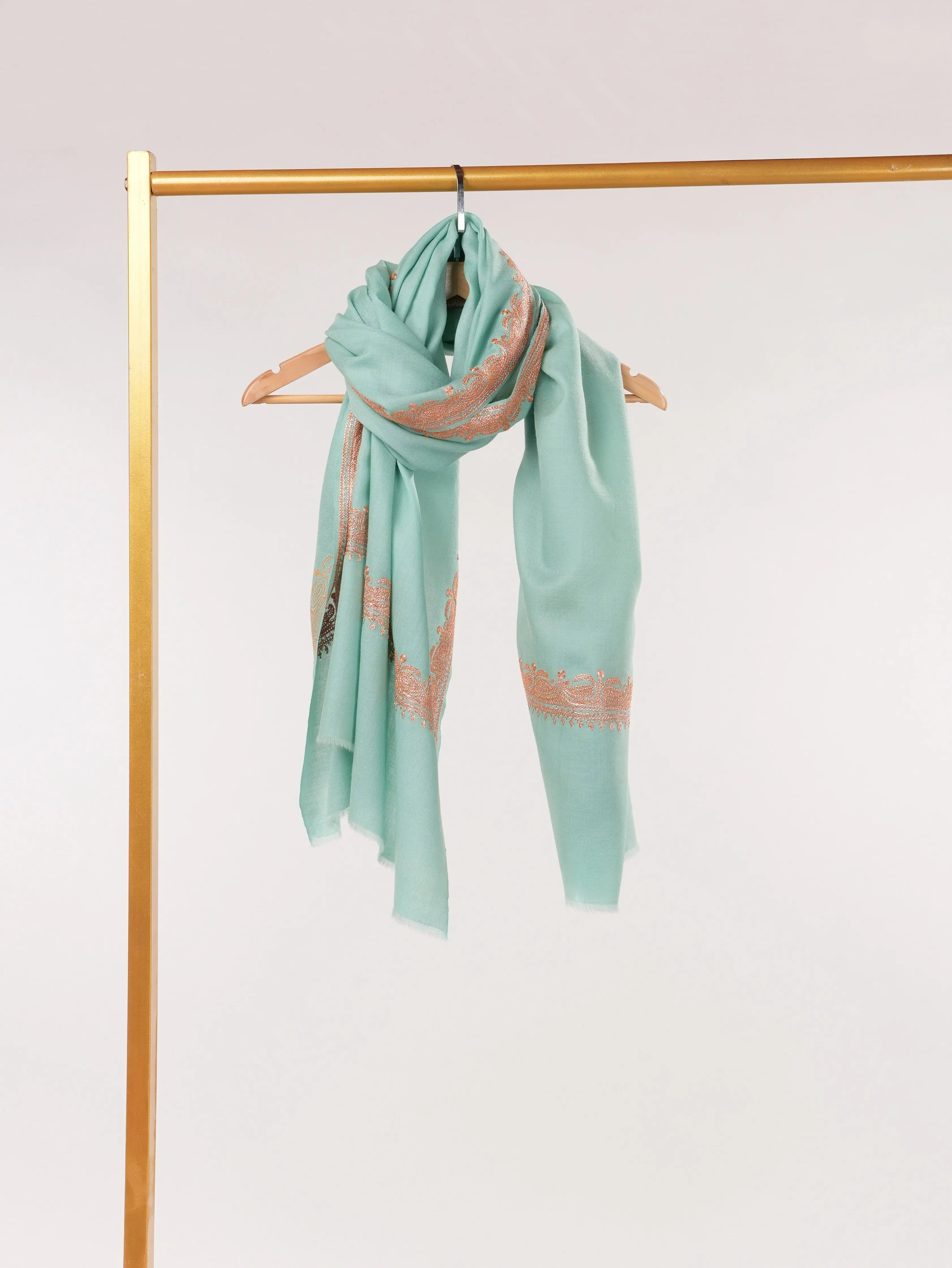 Sky Blue Fine Wool Shawl with Hand Tilla Hashidar Embroidery Shahkaar.com