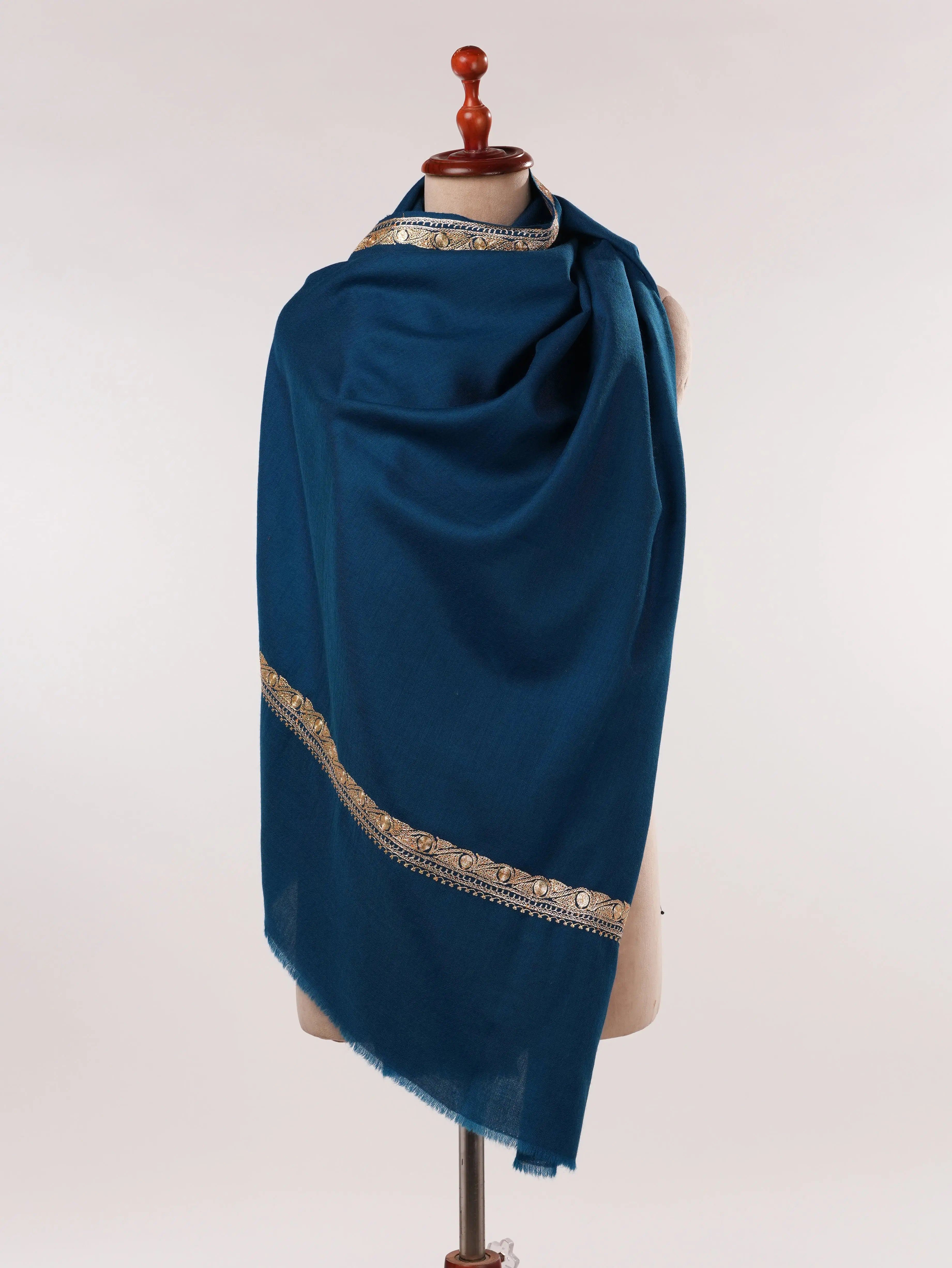Peacock Blue Hashidar Hand Tilla Embroidered Fine Wool Shawl Shahkaar.com
