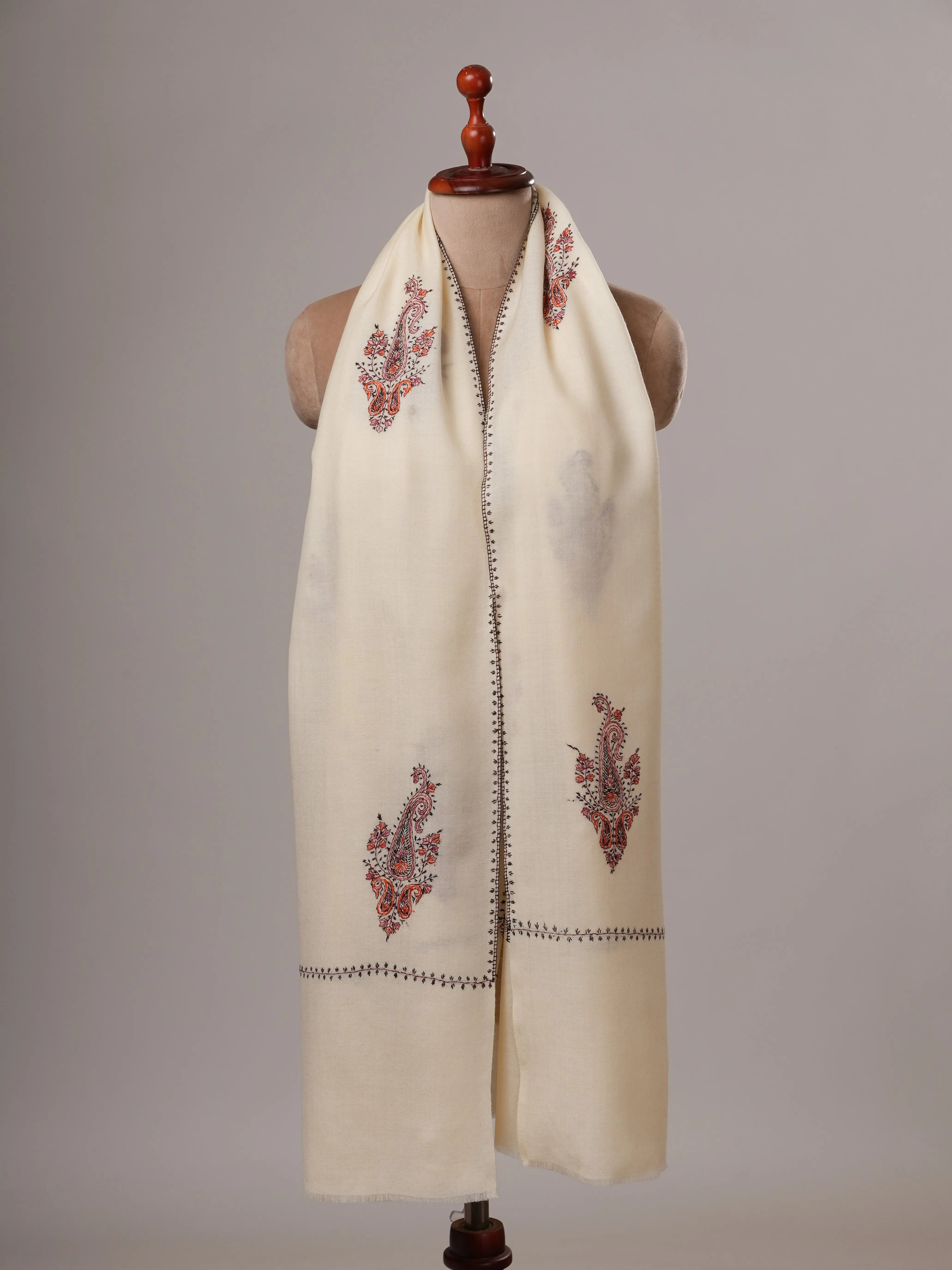 White Booti Hand Embroidered Fine Wool Soft Shawl Shahkaar
