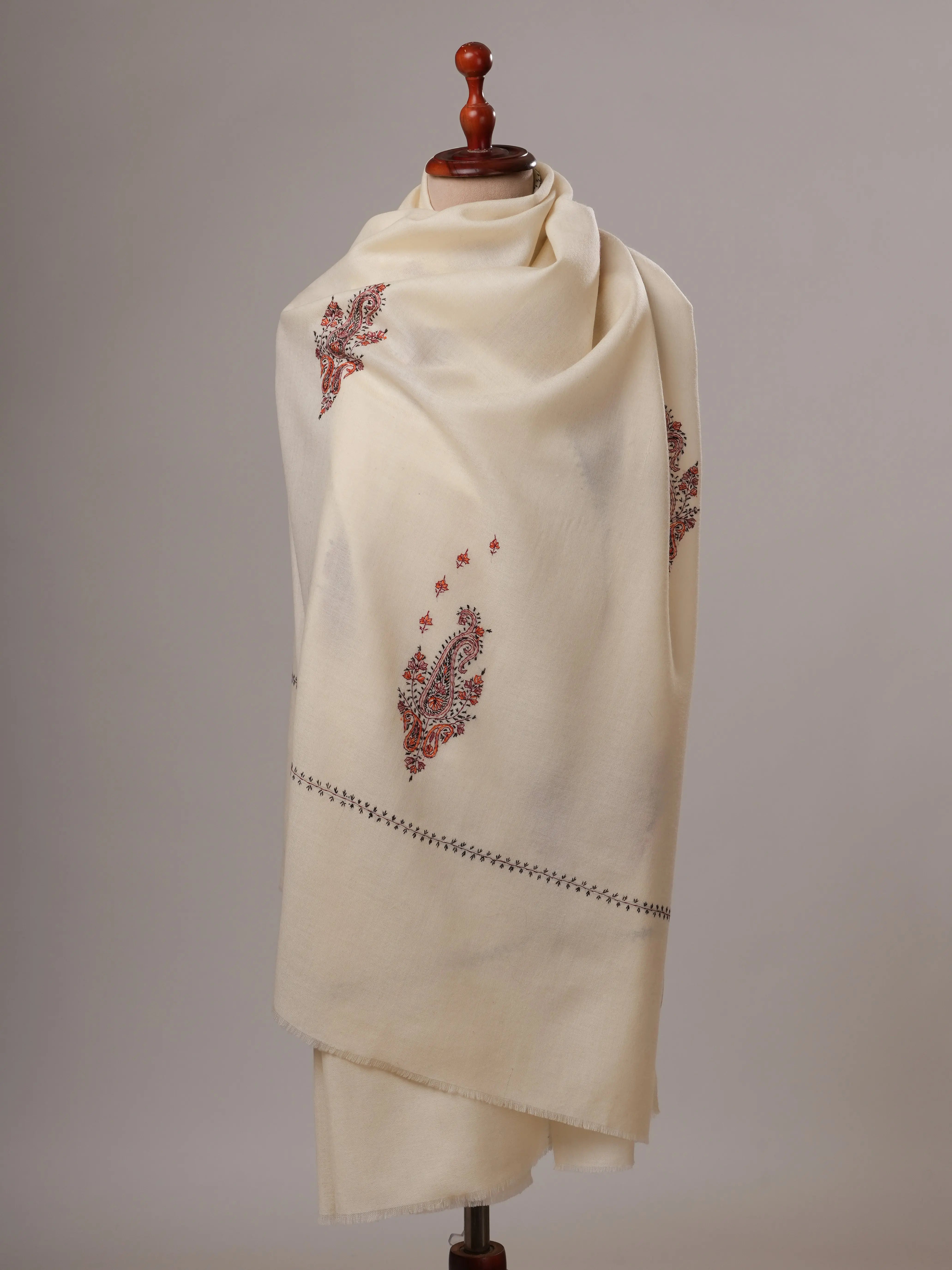 White Booti Hand Embroidered Fine Wool Soft Shawl Shahkaar