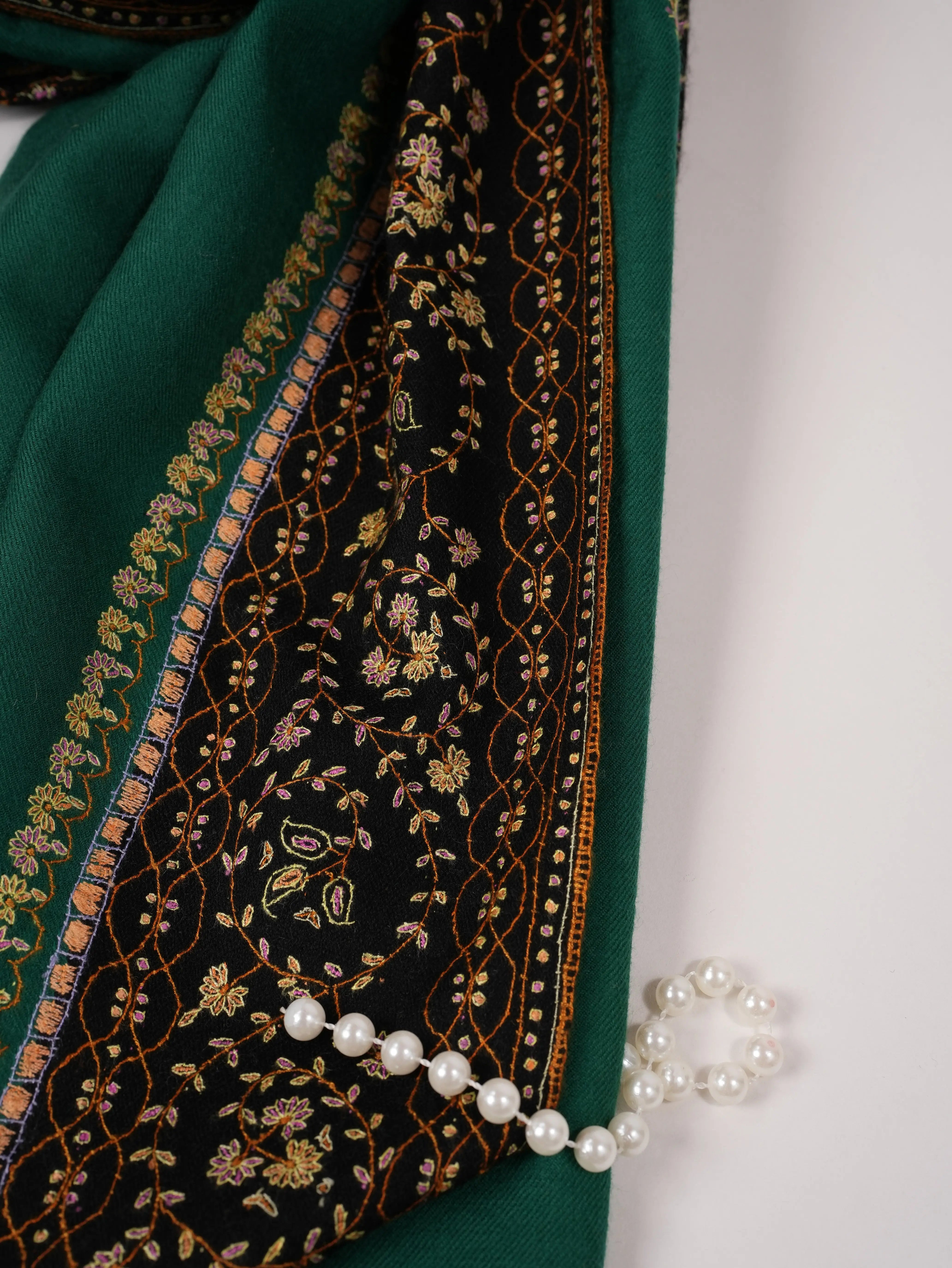 Green Buteh Hand Sozni Embroidered Pure Pashmina Shawl Shahkaar.com