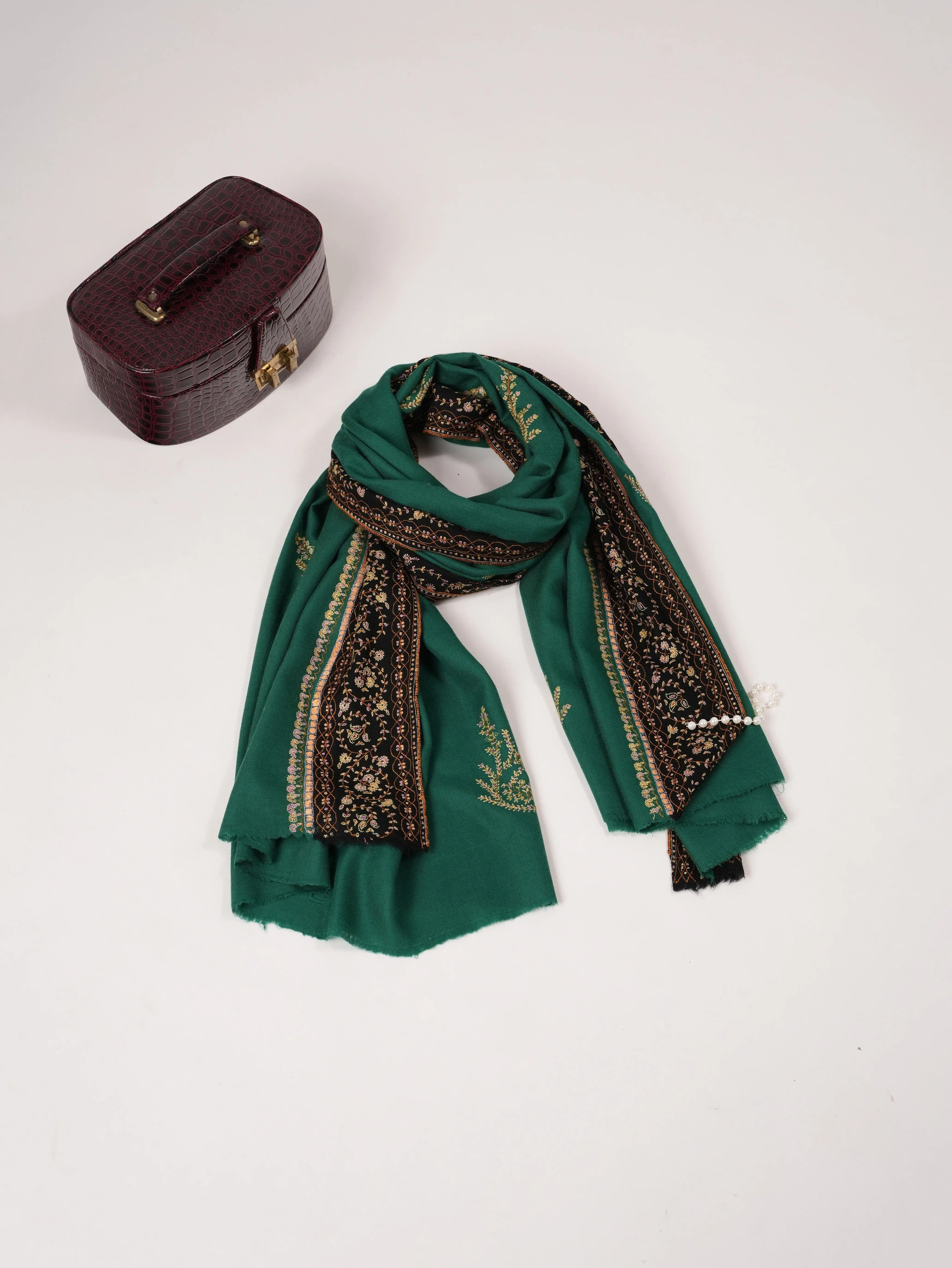 Green Buteh Hand Sozni Embroidered Pure Pashmina Shawl Shahkaar.com