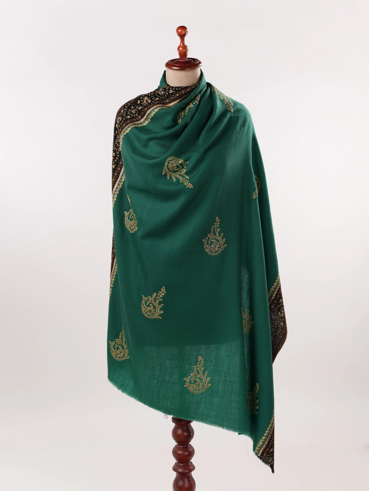 Green Buteh Hand Sozni Embroidered Pure Pashmina Shawl Shahkaar.com