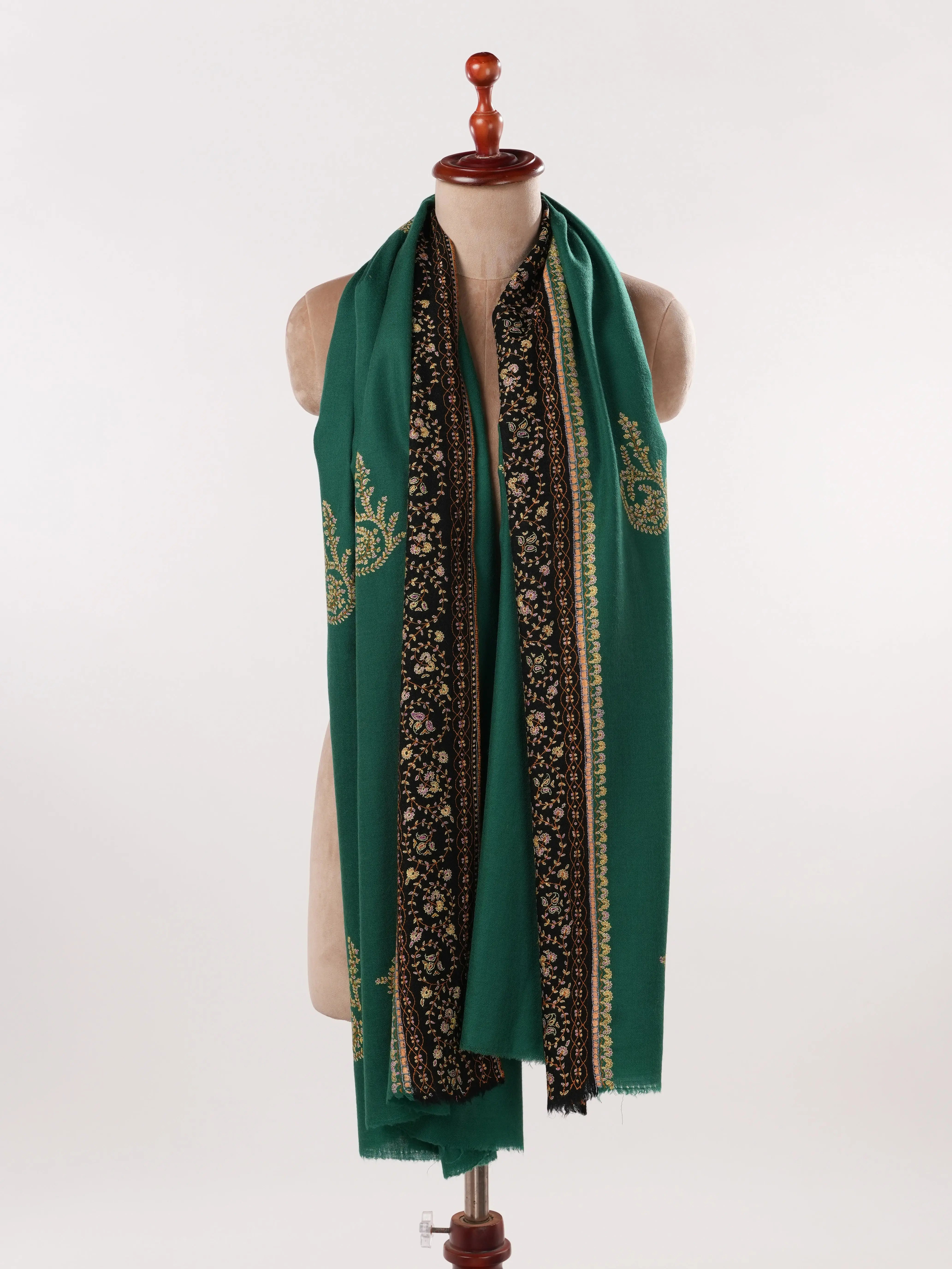 Green Buteh Hand Sozni Embroidered Pure Pashmina Shawl Shahkaar.com