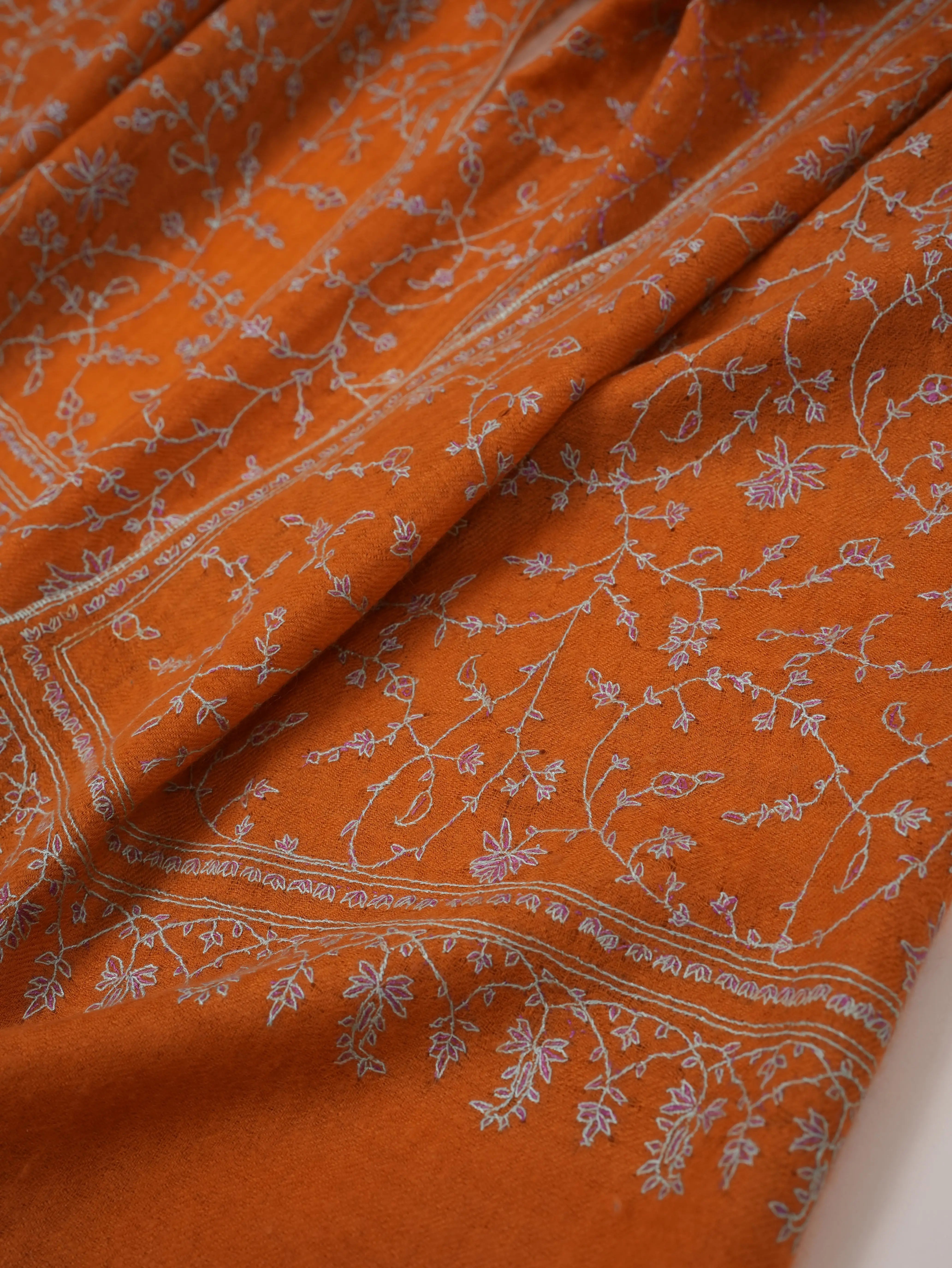 Orange Hand Embroidered Featherlight Cashmere Scarf Shahkaar.com